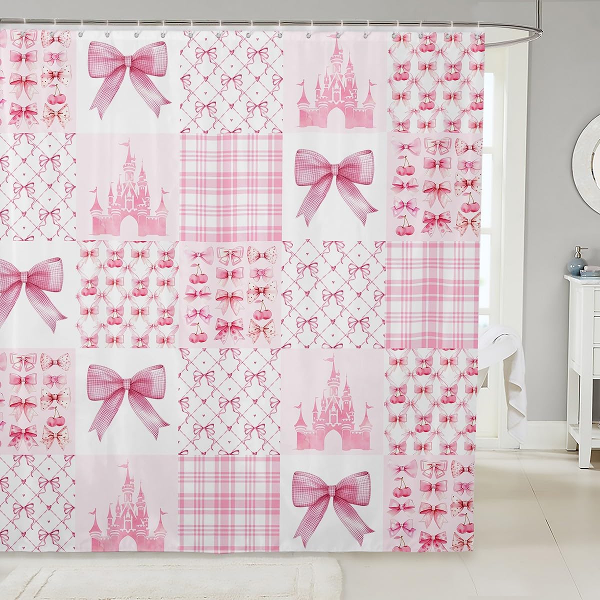 Manfei Pink Bowknot Kids Shower Curtains,Cherry Bow Tie Tale Princess Castle Bathroom Curtains for Girls Women,Geometric Plaids Grid Aesthetics Unique