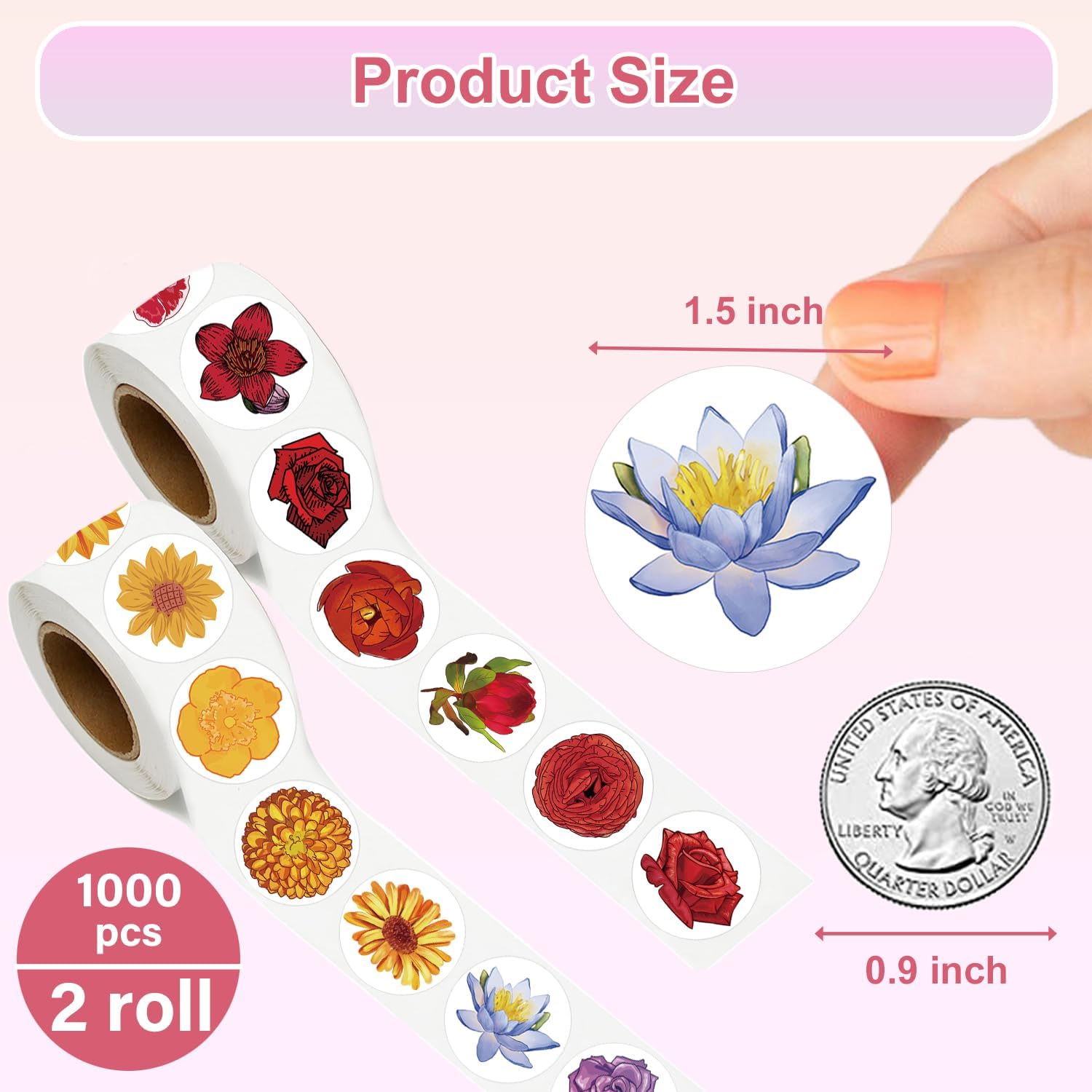1000 PCS Flower Stickers Rolls for Kids -Round 1.5 Inch 16 Tyles Beautiful Flower Kindergarten Sticker Teacher Stickers for Kids Birthday Party School Reward Giveaways