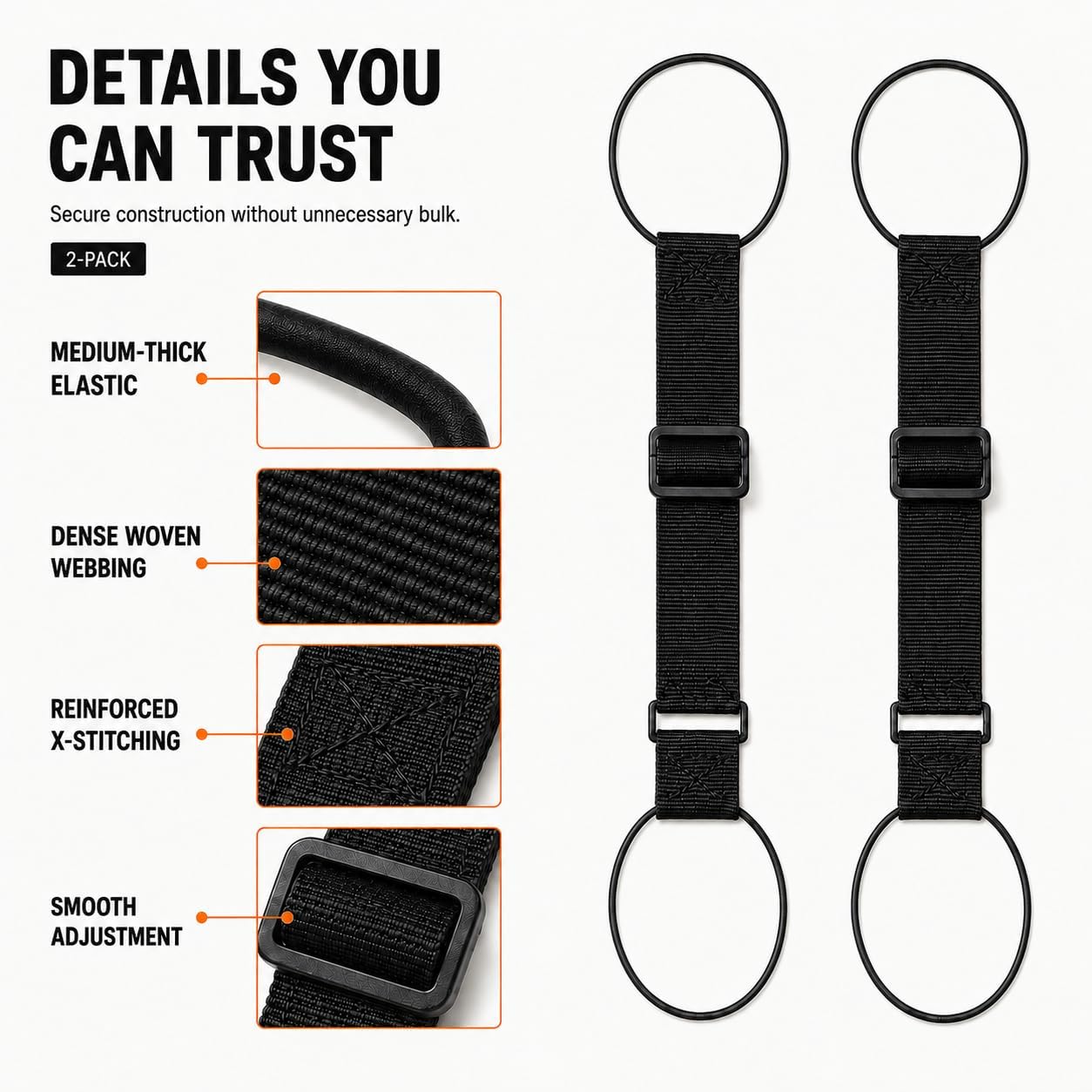 Luggage Straps for Suitcases, 2 Pack Black Adjustable Elastic Double-Loop Luggage Connector Straps, Thick, Durable, Waterproof Multi-Use Straps for Totes, Backpacks and Duffel Bags.