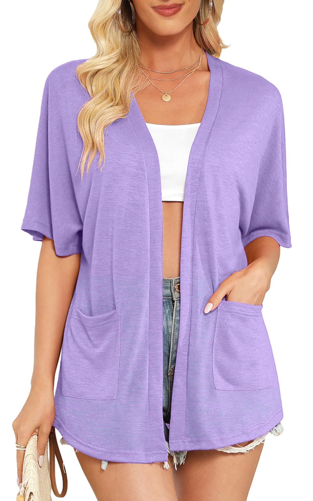 Wiwclo Veryoung Womens 2026 Summer Lightweight Cardigan Short Sleeve Open Front Casual Loose Cover Ups with Pockets