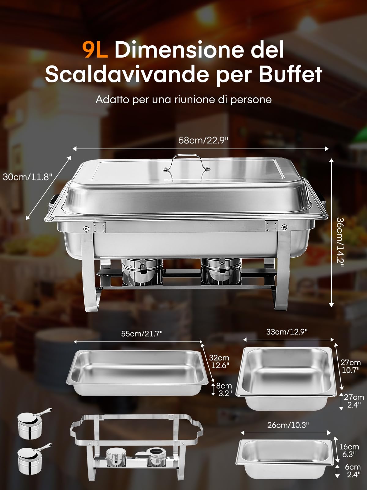 Scaldavivande per Buffet in Acciaio Inox, 4 Pezzi Chafing Dish Buffet, 9L Scaldavivande Rettangolare con Coperchio, per Catering, Feste, Buffet, Matrimoni (2×GN1/1+2×GN1/2+4×GN1/4)