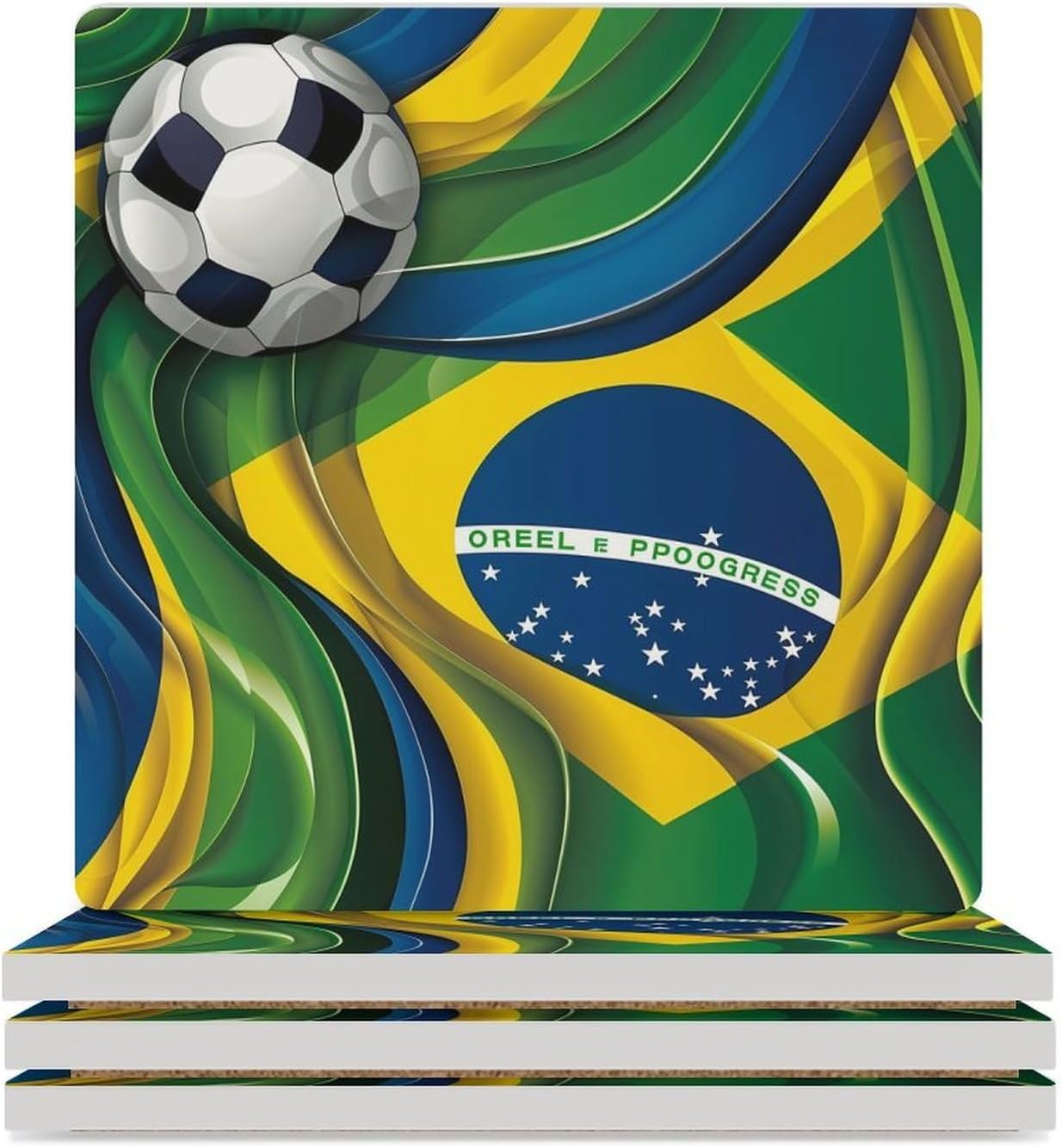 Football in Brazil Flag Coaster for Drinks Square Ceramic Table Coasters Stone Mat Crafts 6PCS Home Kitchen Decor