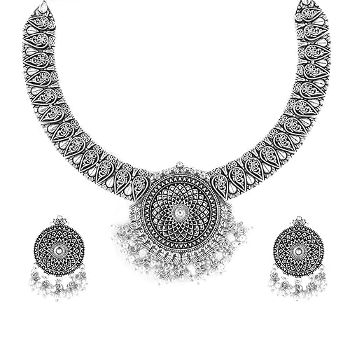 Yellow Chimes German Oxidised Silver Jewellery Set Statement Style Royal Looks Design Necklace Set With Earrings for Women & Girls