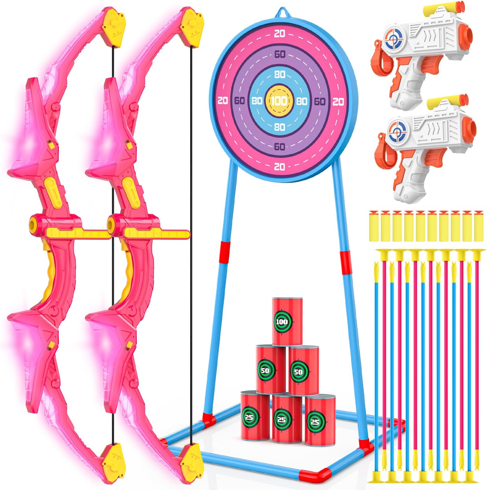 2 Pack Kids Bow and Arrow Set, Pink Light Up Archery Toy Set, 2 Foam Dart Blaster & 6 Target Cans Toys for Ages 5-7, Kids Indoor Outdoor Birthday Gifts Ideas for Boys Girls 4 5 6 7 8 9 10 Year Old