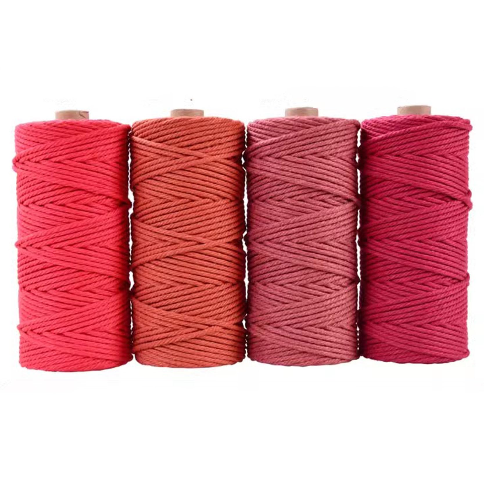 4 Rollen Makramee-Kordel, 3 mm x 100 m, Baumwoll-Makramee-Seil, bunt, mehrsträngig gedreht, Bastelseil Makramee Garn für Makramee-Wandbehang, Pflanzenaufhänger, DIY Crafts,Red-3 mm