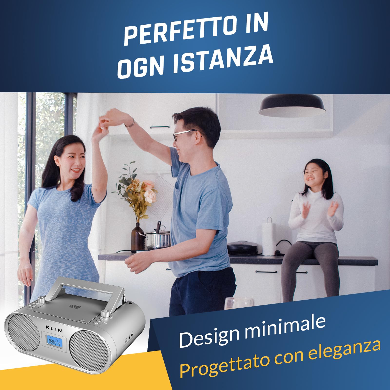 Boombox B4 Lettore CD Stereo, Bluetooth, AUX, AM FM Radio con e USB | Filo o Wireless, Batteria Ricaricabile, Telecomando, Standby Automatico, Eq Digitale, Non Fermare la Musica - Argento