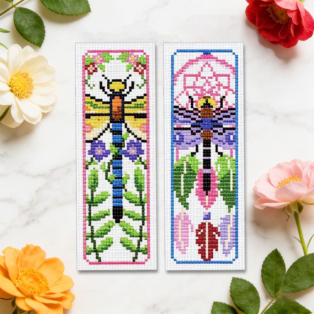 ORIGACH 6 Set Dragonfly & Flower Cross Stitch Bookmark Kit for Beginner