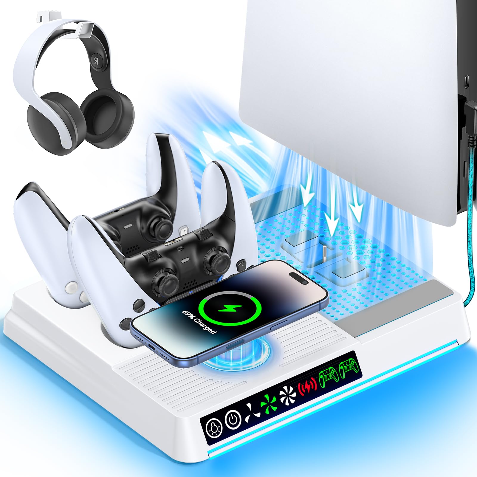 PS5 Standfuß kompatibel mit PS5/Slim/Pro, Drahtlose PS5 Controller Ladestation, PS5 Halterung mit 3 stufigem Lüfter und 9 RGB Licht, PS 5 Ladegerät und PS 5 Stand