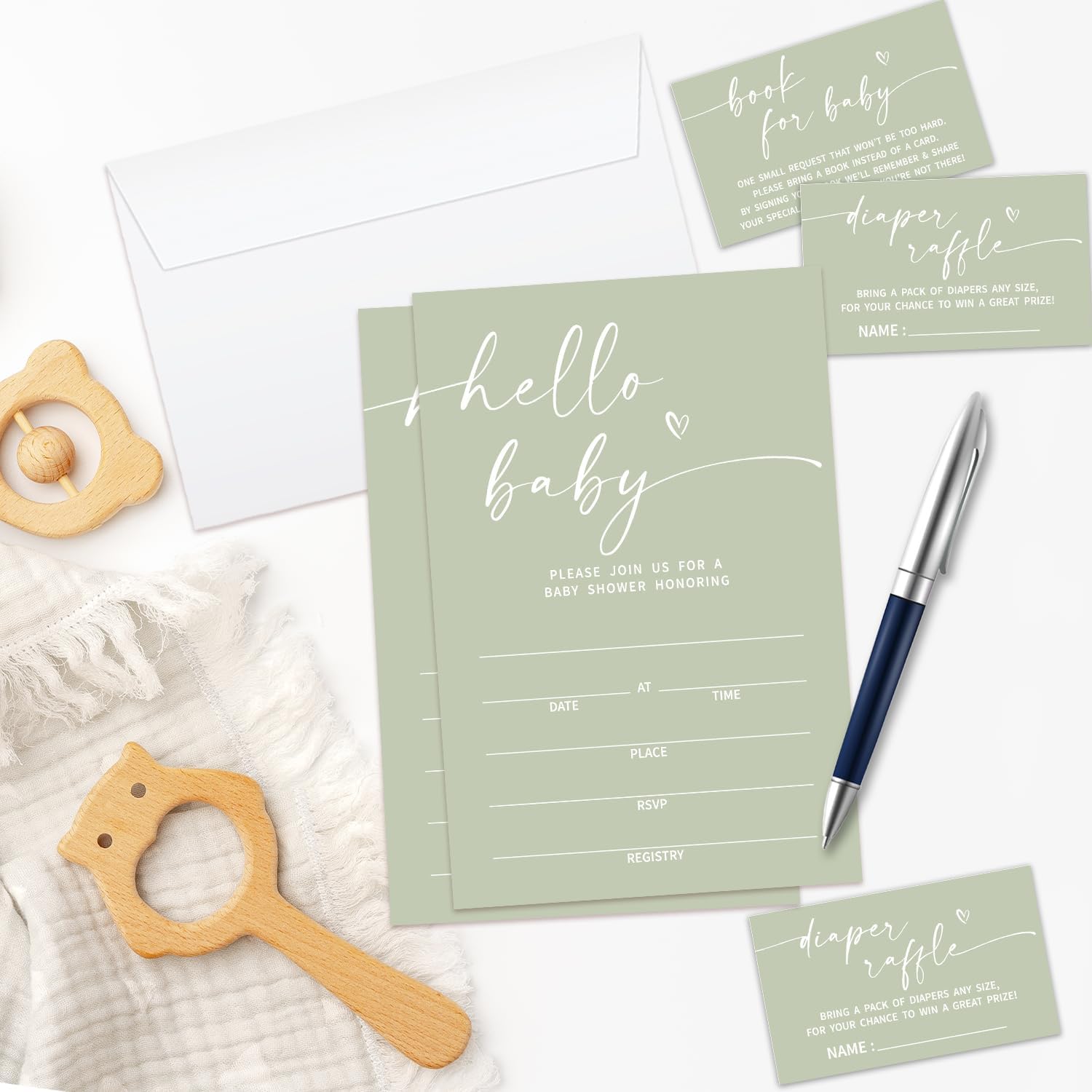 Set Of 25 Hello Baby Sage Green Baby Shower Invitation Set, Baby Shower Invitations Gender Neutral, Invitation Cards With Envelopes Including Book Request Card & Diaper Raffle Tickets -002