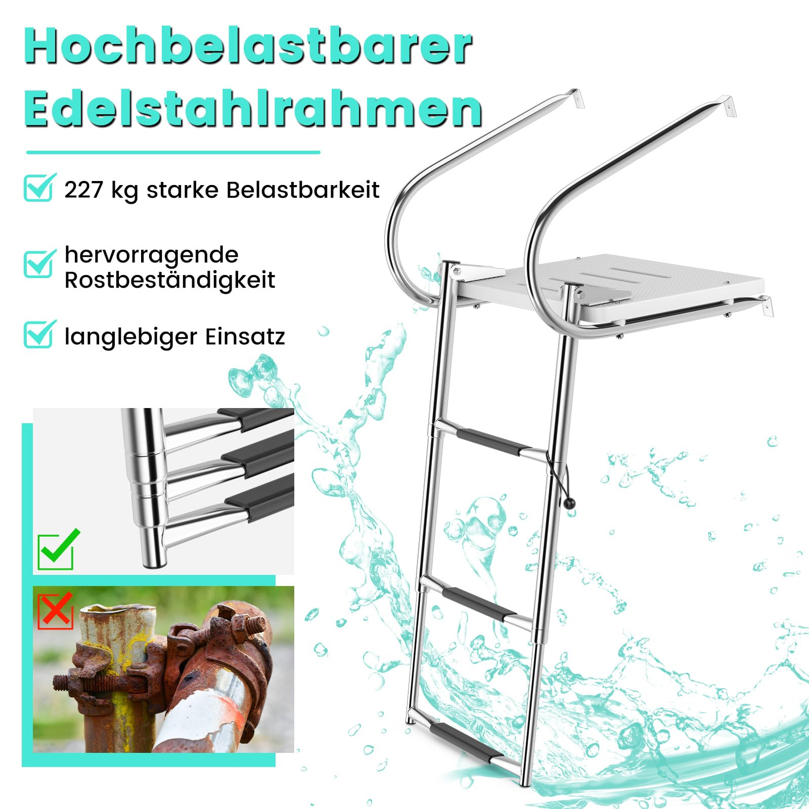 COSTWAY Badeleiter Boot, Poolleiter mit 3 Stufen, Handlauf & Plattform, klappbare Bootleiter aius Edelstahl, Schwimmbadleiter bis 227 kg belastbar für Yachten