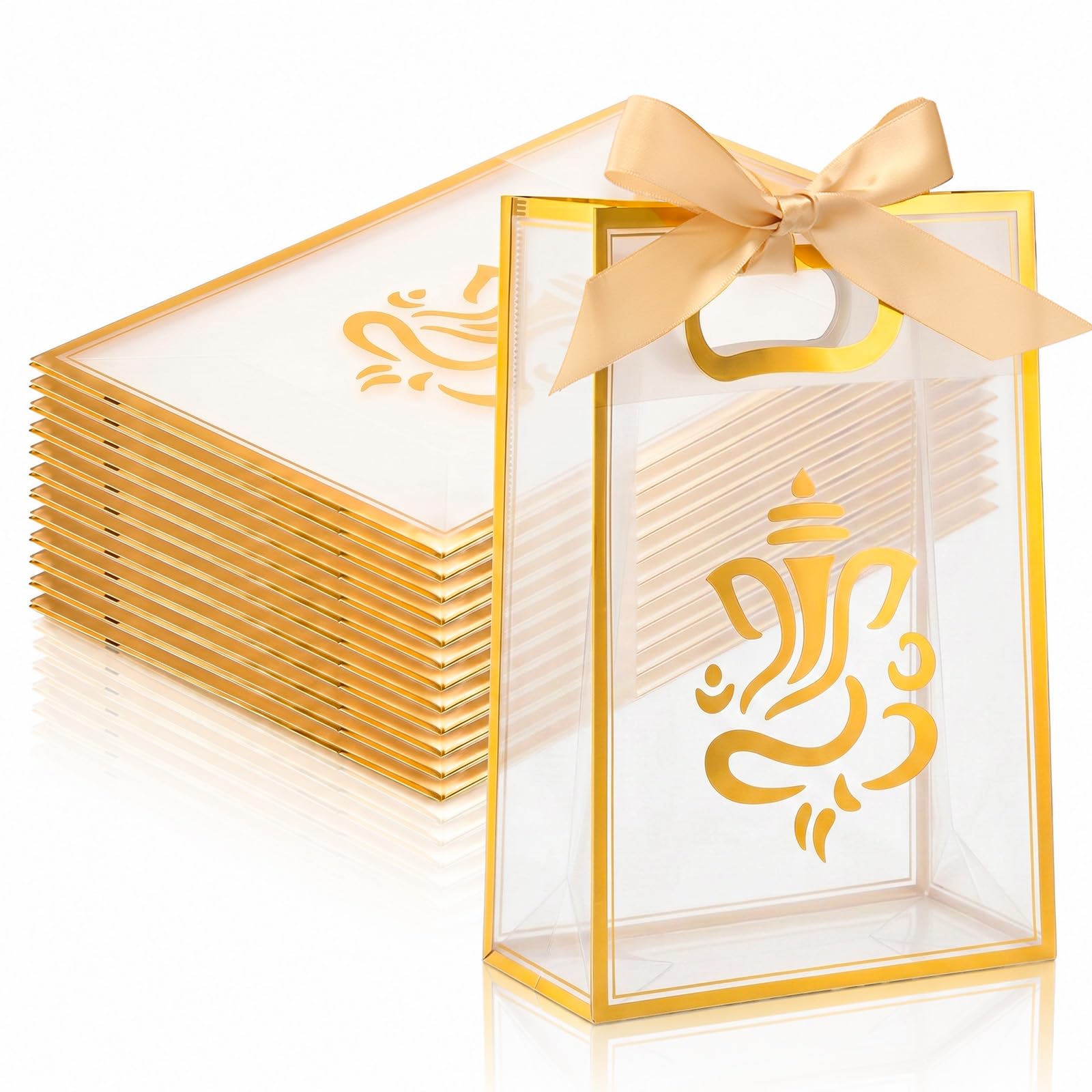 Bulyoou 12 Pcs Indian Return Plastic Gift Bags for Wedding Bulk 10 x 7 Inches Hindu Religious Pooja Wedding Party Favor Bags with Handle Small Diwali Pouch for Indian Pooja Housewarming (Ganesha)