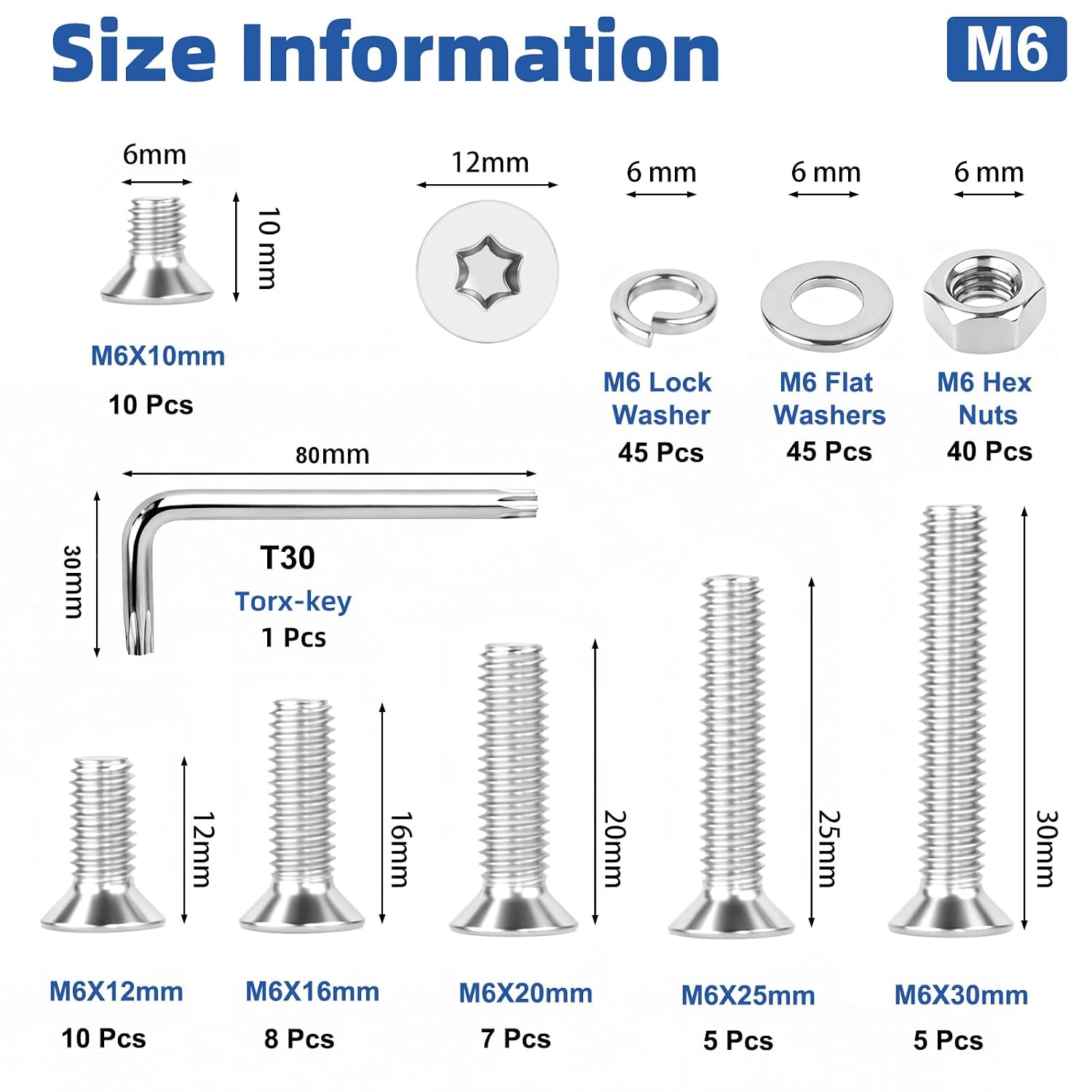 175Pcs M6 Torx Bolts and Nuts Set, Countersunk Head Torx Screws Bolts, Flat Head Machine Screws, Security Anti-Theft Screw, 304 Stainless Steel, Full Thread Pitch : 1.0 mm, with T30 Wrench.