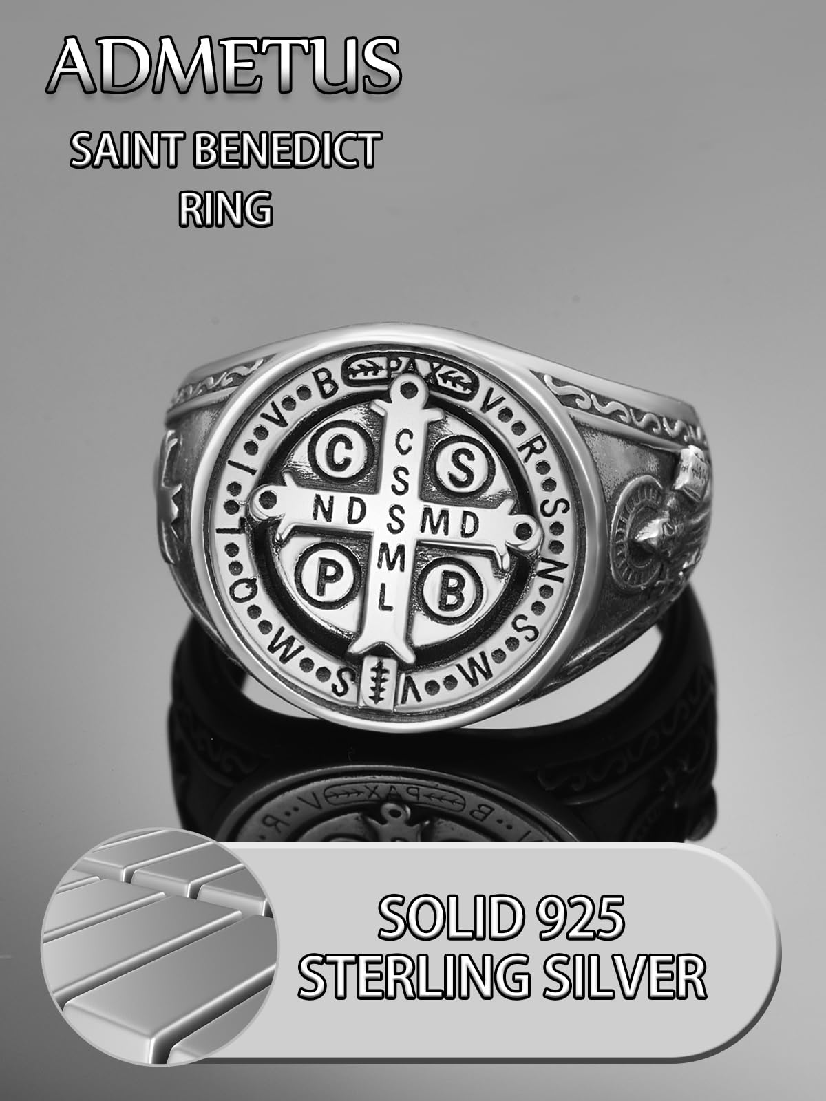 ADMETUS Bague Saint Benoît en argent sterling 925 - Bague de protection - Cadeau religieux pour homme - Taille 6-15