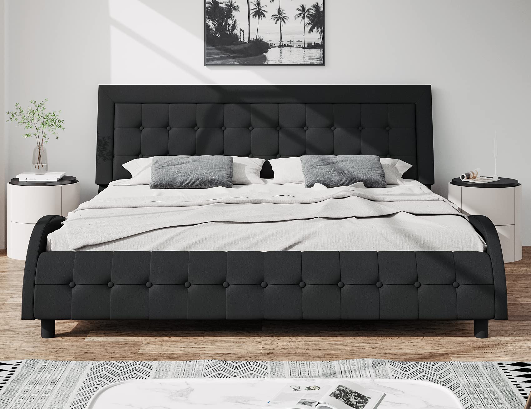 Buy SHA CERLIN King Size BoxTufted Platform Bed Frame / Faux Leather