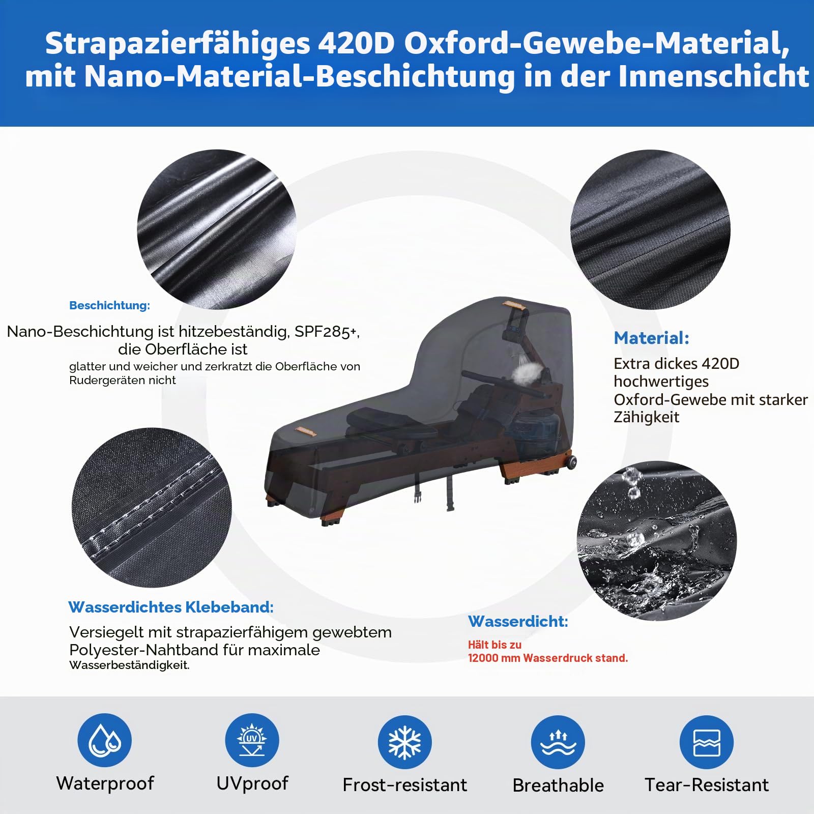 Rudergerät Abdeckung für Concept 2, robuste 420D Abdeckung, Outdoor-Schutzhülle für Fitnessgeräte, mit Wasserdichtem Streifen und Winddichter Schnalle, 2 Griffe, Zubehör für Concept Rudergerät
