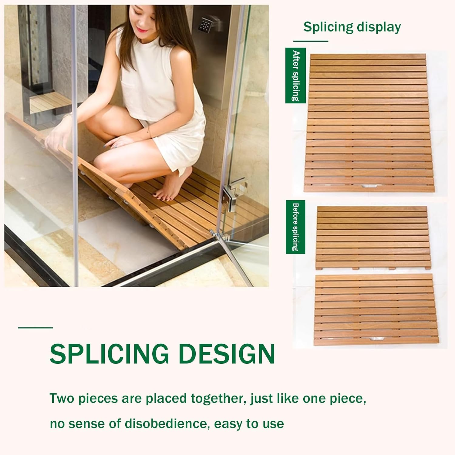 QWEASDF Non-Slip Water Resistant Shower Mat,Rectangular Wooden Bath Mat, Wood Duck Board Rectangular Bath Mat,Multipurpose Bathtub Mats,Non-Slip Door Mat, for Shower Tub(W85xL100cm/W33xL39in)
