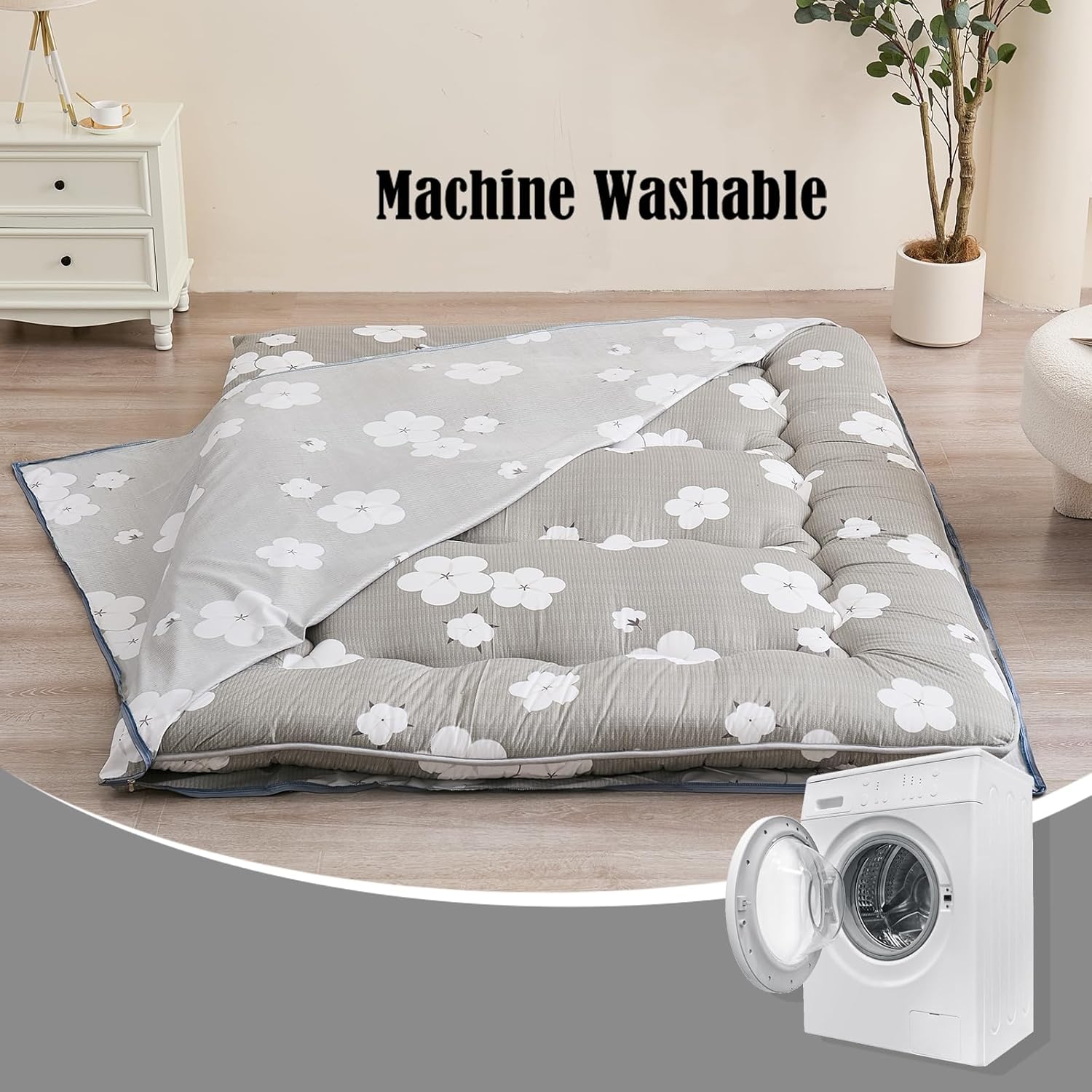 Zelladorra Futon Mattress Cover, Zippered Japanese Floor Mattress Cover, Machine Washable (Grey Cotton, Twin)
