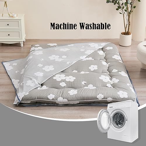 Miniatura 5 de Funda de colchón de futón, protector de colchón japonés con cremallera, lavable a máquina (algodón gris, individual)