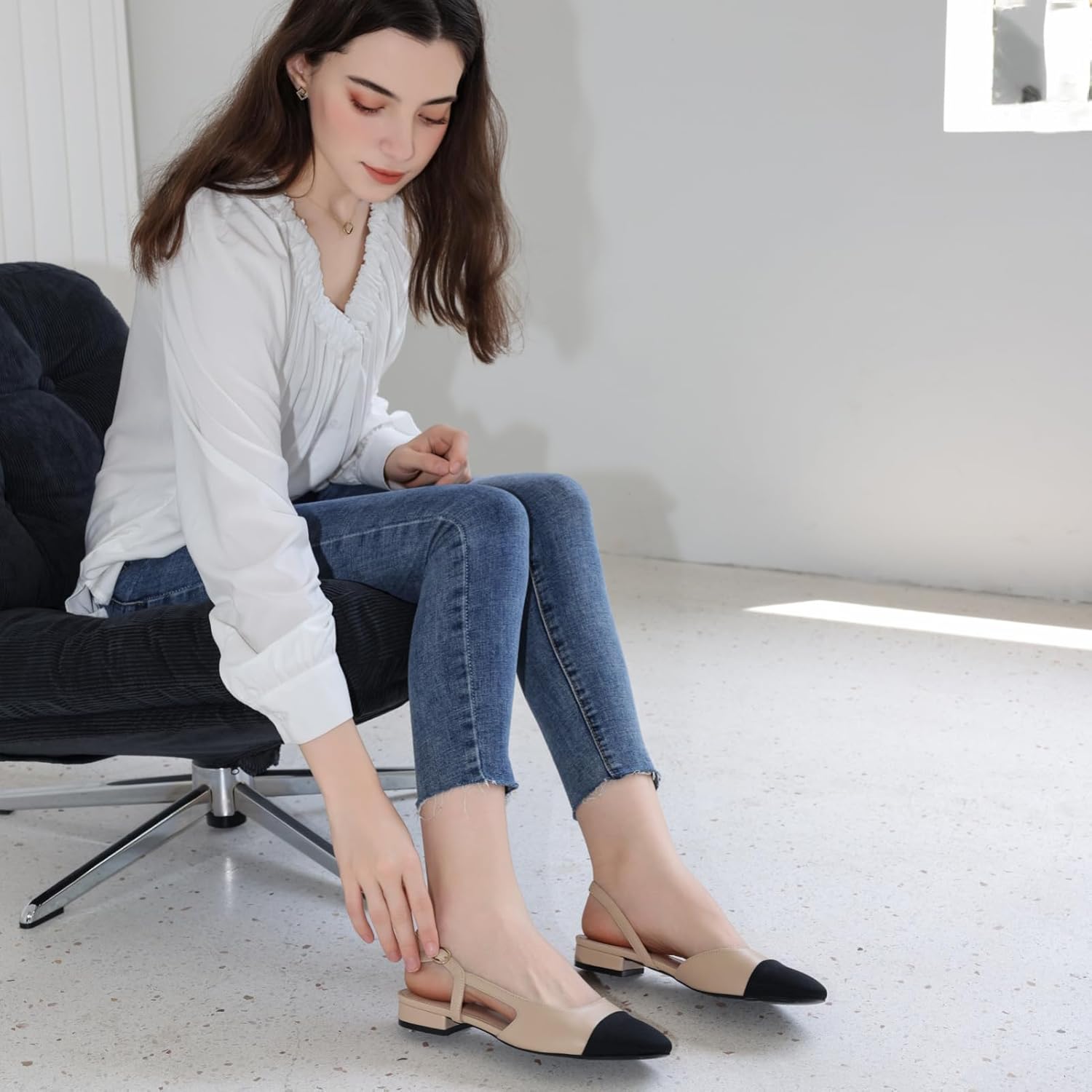 Slingback Flats for Women 2.0 Square Toe Two Toned Flats Wedding Shoes Low Heel Shoes for Women - Image 2