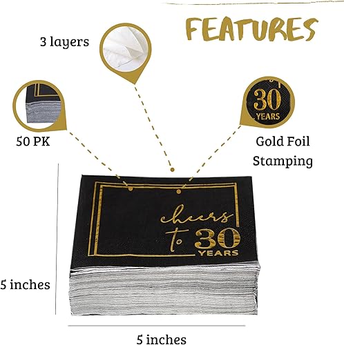 Miniatura 2 de Servilletas de cóctel Cheers to 30 Years  Paquete de 50 servilletas de 3 capas para cumpleaños 30 de 5 x 5 pulgadas, servilletas desechables de