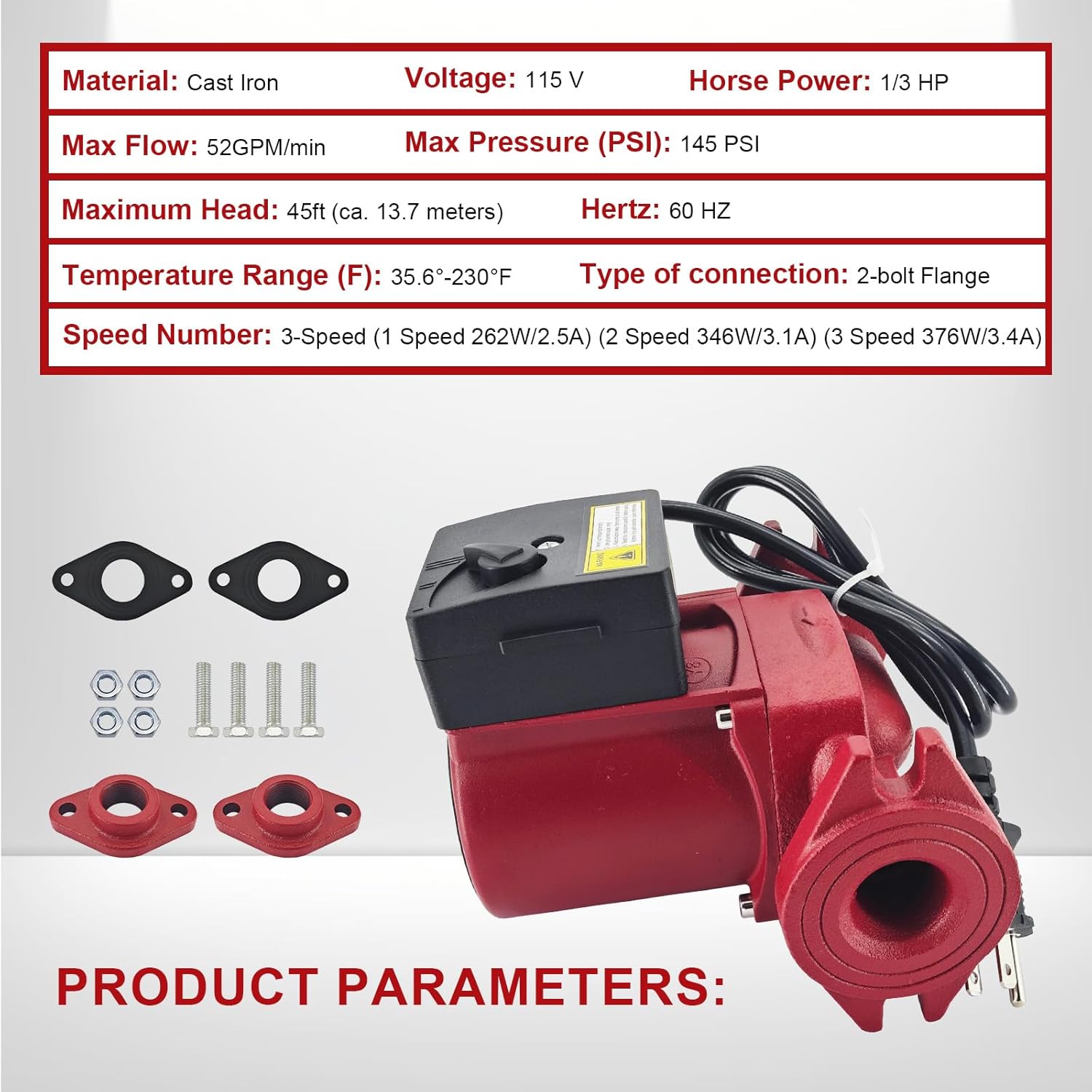 115V Cast Iron Circulator Pump 1/3 HP Recirculator 3-Speed Circulating Pump 2-Bolt Flange 1-1/4", Replacement for Grundfos 95906630 UPS26-150F for Heating, Water Circulation, Boiler and HVAC