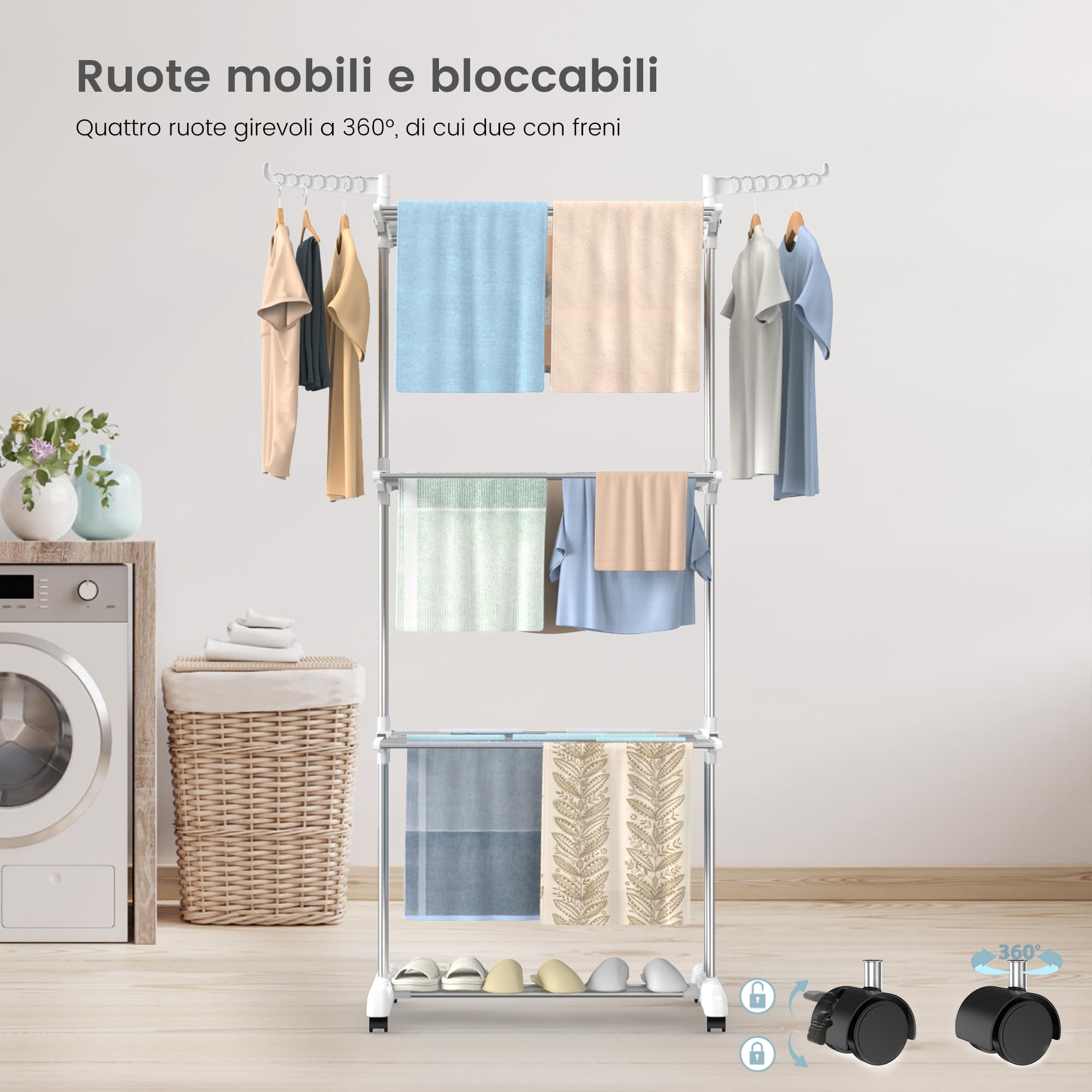 Innotic Stendino 4 Livelli, Stendibiancheria Pieghevole con Ruote e Ali | Stendino Verticale Salvaspazio Capiente, Stendipanni a Torre Allungabile Alto per Balcone Esterno/Interno, Bianco