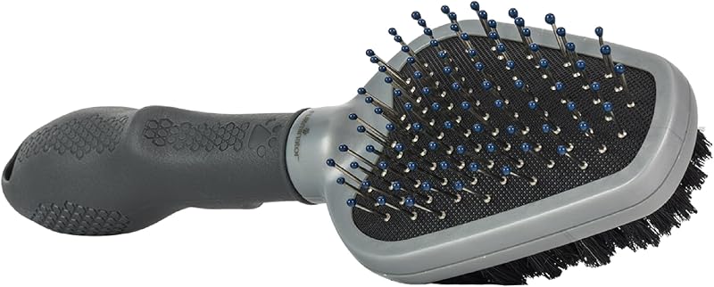 Cepillo de aseo doble para perros y gatos | Desenredo y masaje de cerdas metálicas, pelo de jabalí suave y brillante, mango ergonómico para mayor comodidad