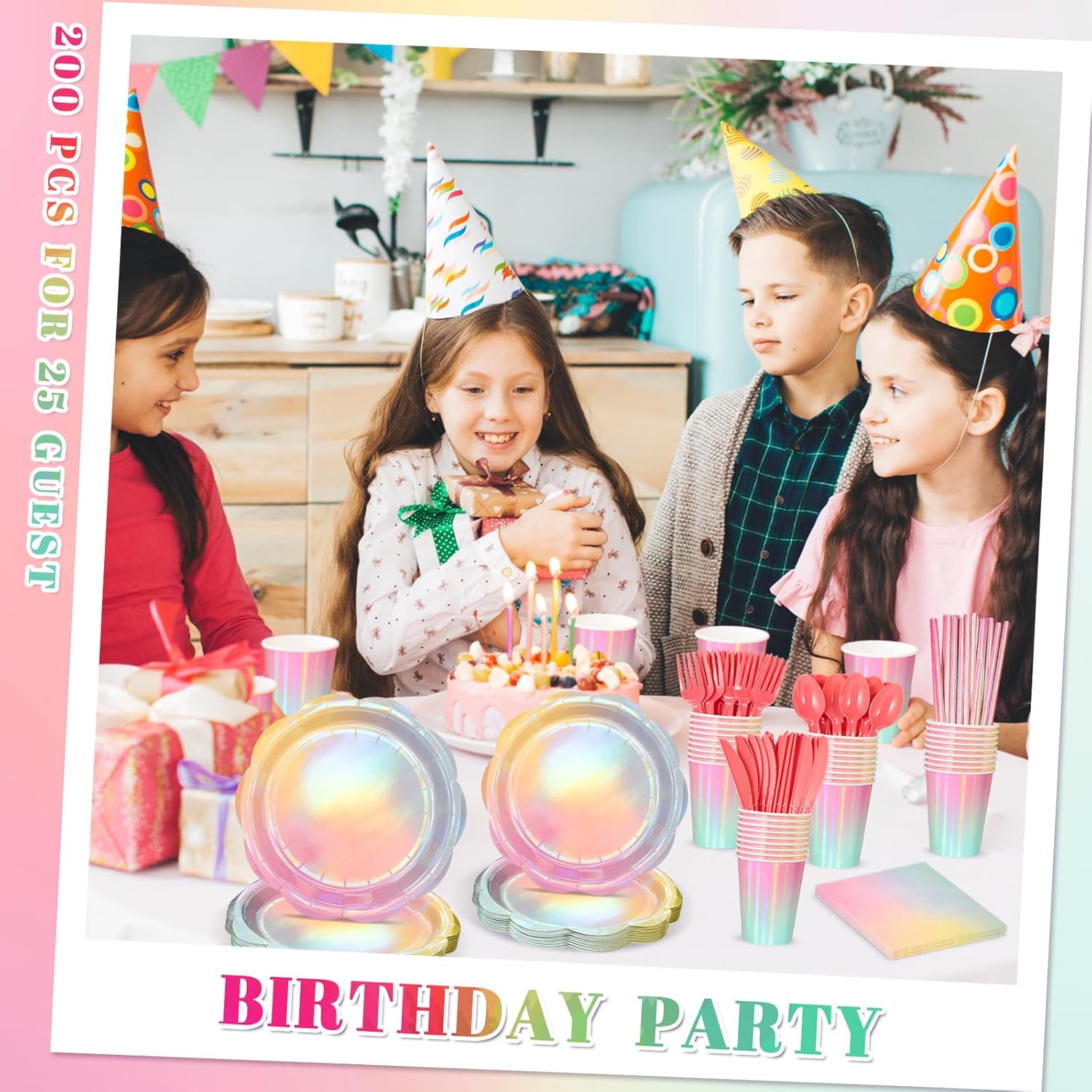 200 Pcs Iridescent Pastel Party Supplies Decorations, 25 Guest Scalloped Iridescent Pastel Plates and Napkins, Holographic Rainbow Plates Cups Napkins Straw Silverware for Girls Birthday - Image 6