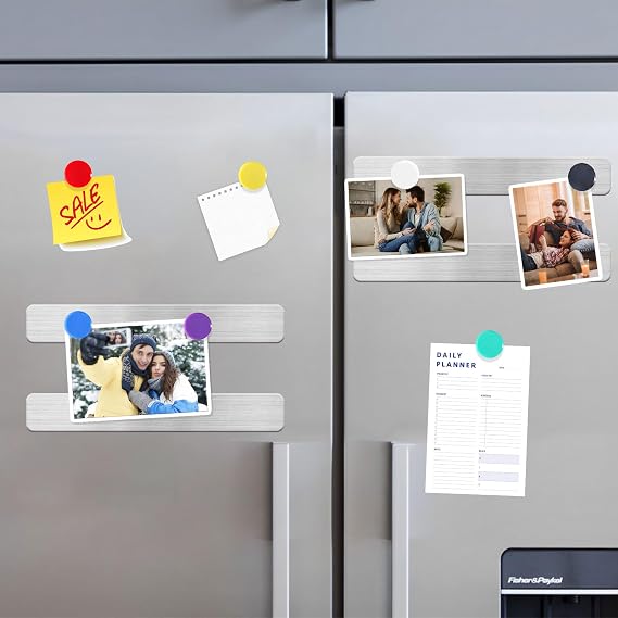 Magnetic Board Strips, 2PCS Frameless Stainless Steel Metal Magnet Bulletin Board Bars with Adhesive Backing, Includes 10 Colorful Magnets, Memo Message Board Strip for Wall Home Office School