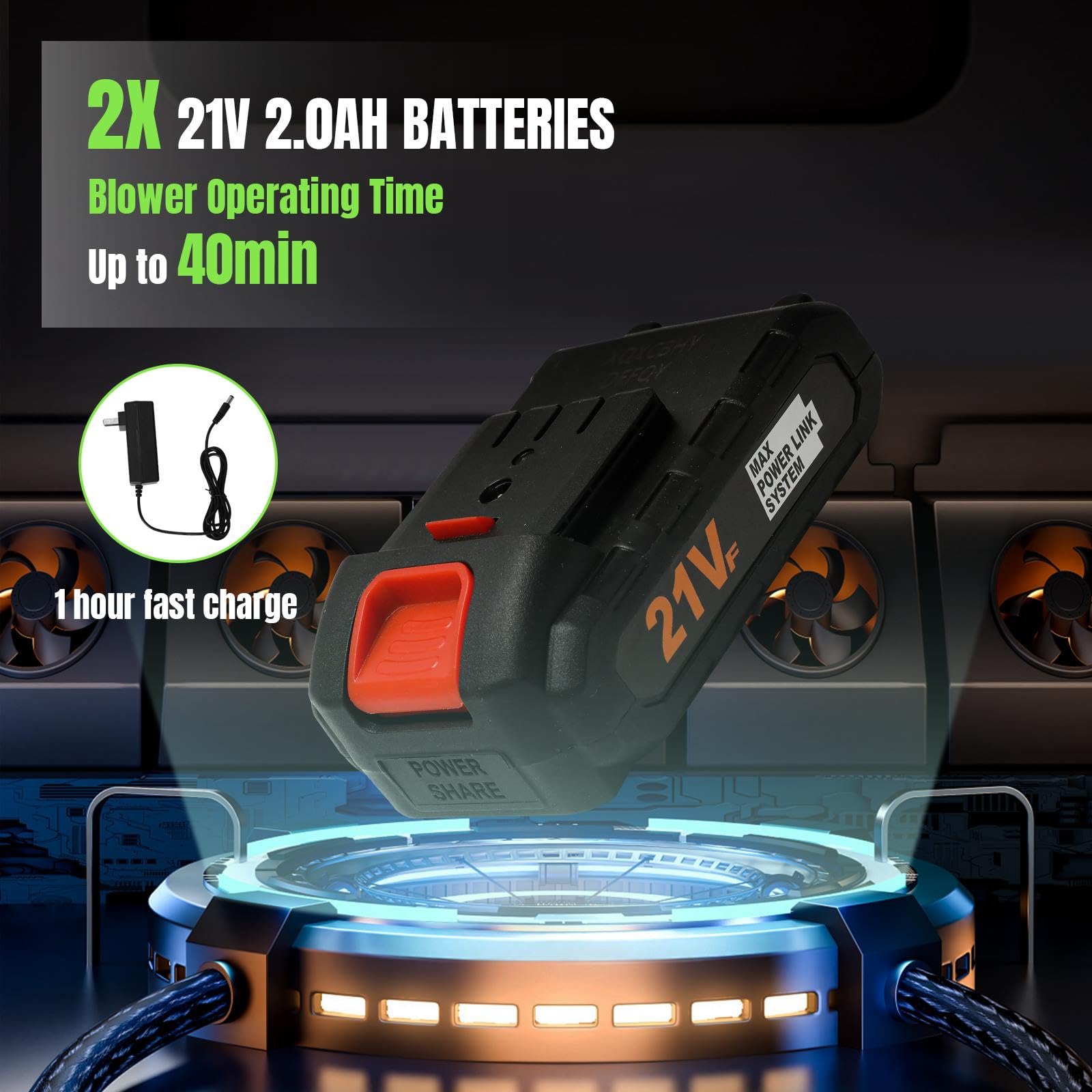 Soplador de hojas 21 V, inalámbrico, con batería y cargador, velocidad 15.000 rpm, soplador 2-en-1, soplador eléctrico para mantenimiento del césped y remoción de nieve (2 baterías)