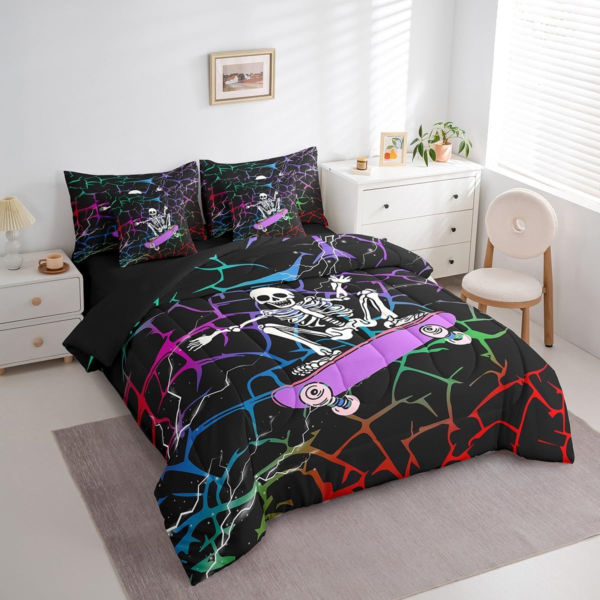 Erosebridal 7 Piece Skull Skateboarding Bed in A Bag Gothic Hippie Skeleton Skateboard Queen Comforter Set with Sheets for Kids Boys Teen Men Abstract Rainbow Stripes Bedding Set,Reversible Bed Set