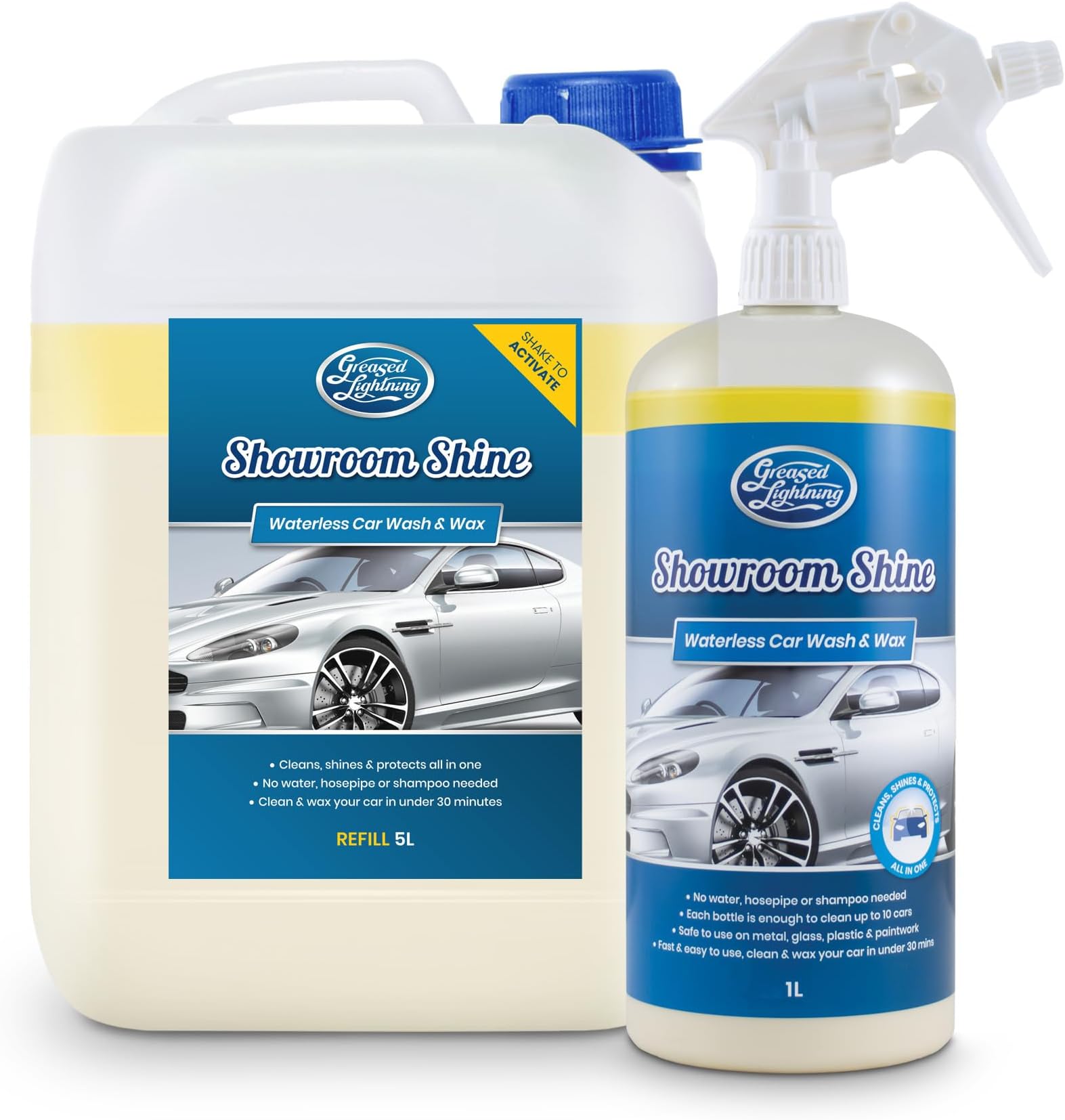 Showroom Shine Waterless Car Wash and Wax, Super Easy and Fast, No Water, Premium Shine, Protects and Cleans, Suitable for Cars, Caravans, Motorbikes - 5 Litre Refill Plus 1 Litre