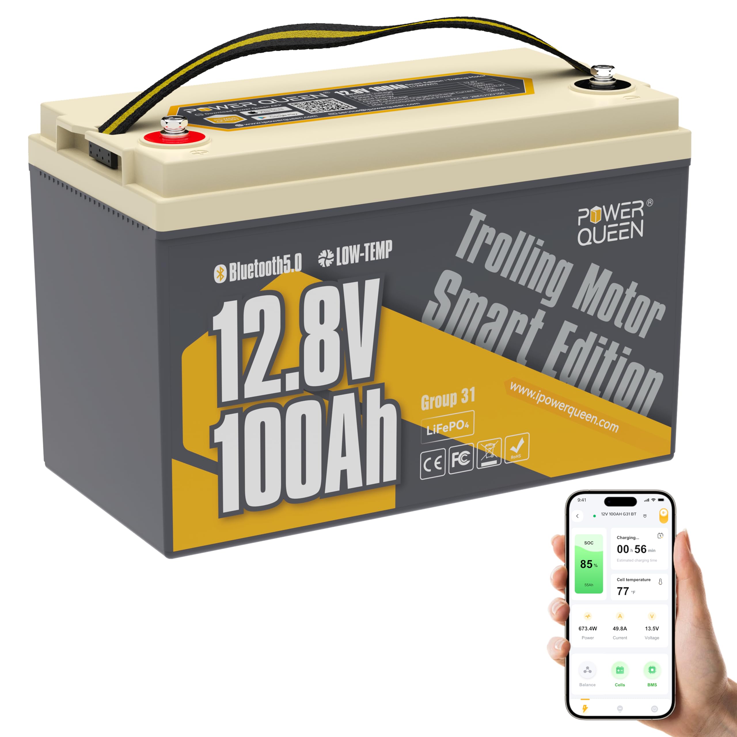 power queenLiFePO4 Battery 12V 100Ah Bluetooth Group31 Deep Cycle Battery, Max. Output Power 1280W, 100A BMS with Low-Temp Cut-off Protection for RV, Trolling Motors, Solar System