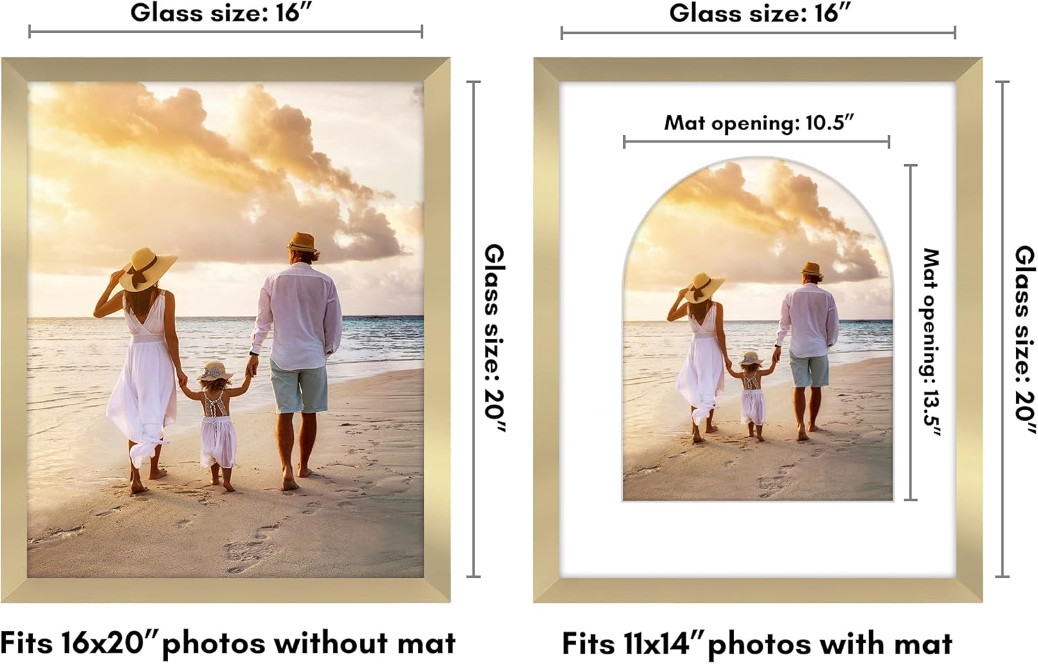 Americanflat 16x20 Picture Frame with Arch-Shaped Mat - Use as 11x14 Frame with Mat or Display 16x20 Photo Without Mat - Epic Collection - Wide Photo Frames for Wall display with Plexiglass - Gold