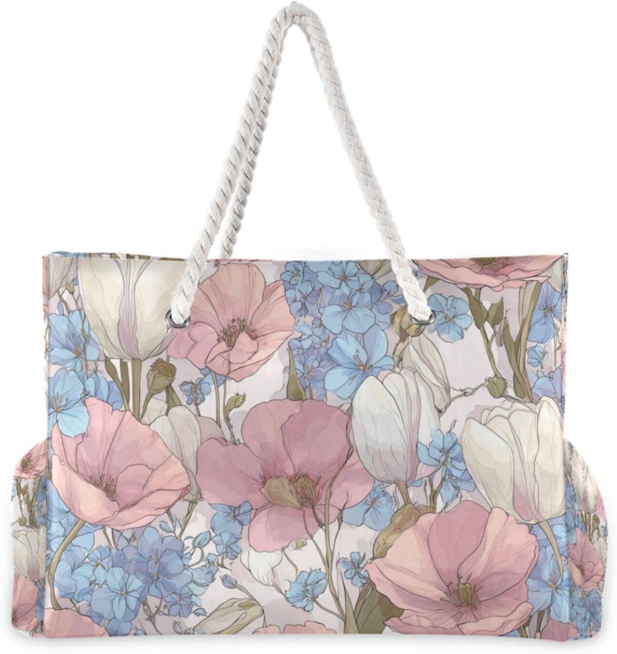 OTVEE Pink Poppies Blue Forget-me-nots Beach Bags for Women Ladies Large Canvas Tote Shoulder Bag Waterproof Travel Bags for Gym Swim Pool Camping