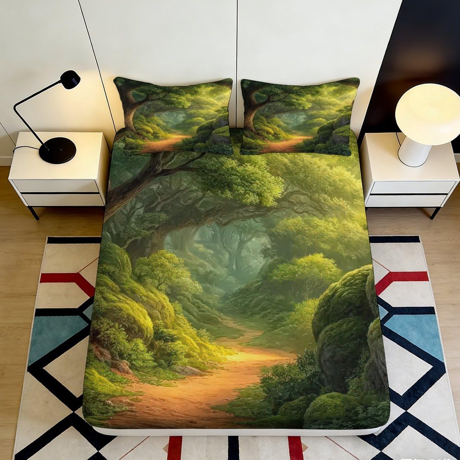 3D Printed Enchanted Forest Path Fitted Sheet Microfiber Soft Anti-Slip Mossy Woodland Mattress Cover for Bedroom Decor 140x200x25cm