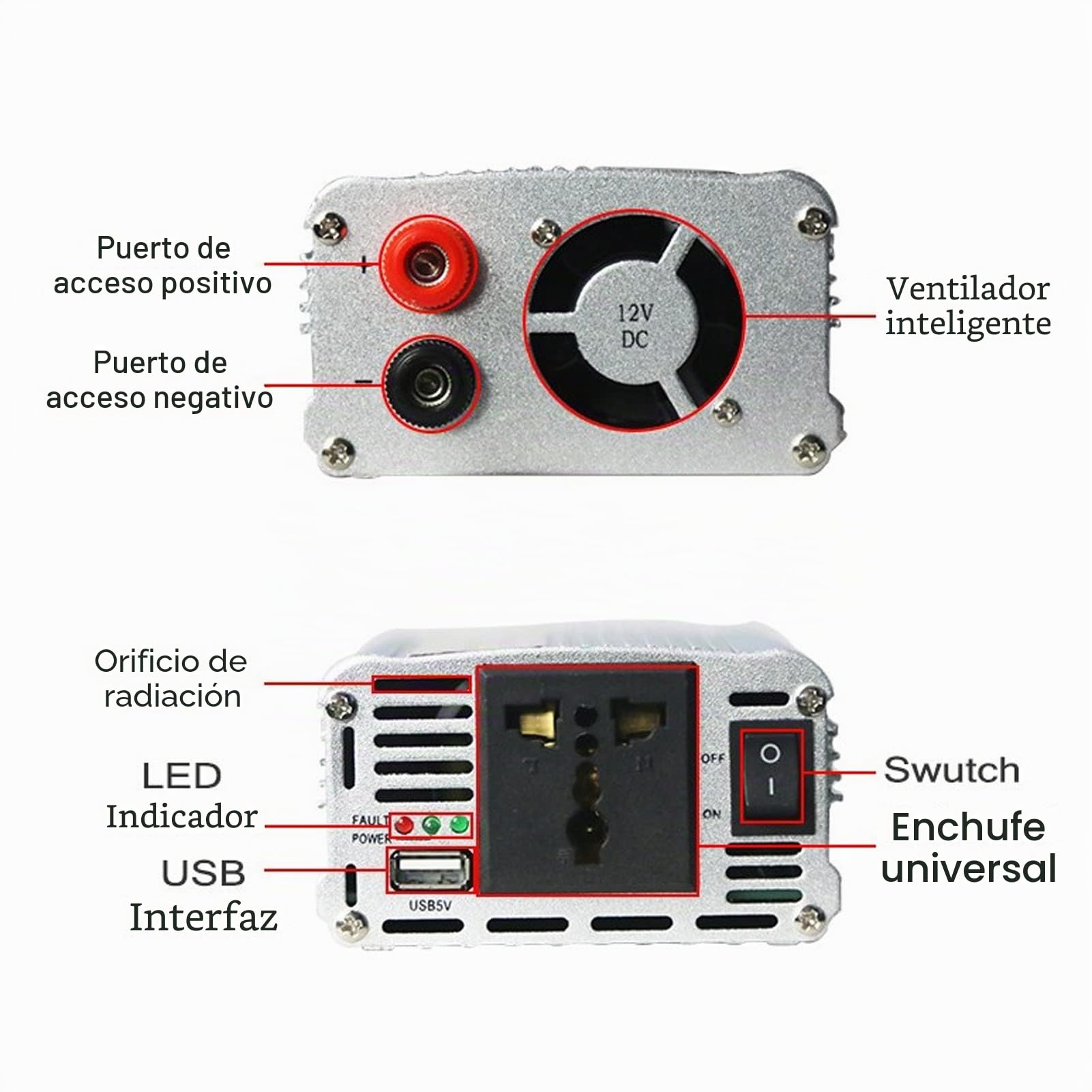 Inversor de Onda Sinusoidal Pura de 1000 W, Convertidor de 12 V CC a 220‑230 V CA para Vehículos Recreativos, Hogar, Vehículos, Barcos, Adaptador de Coche con Salidas de CA,