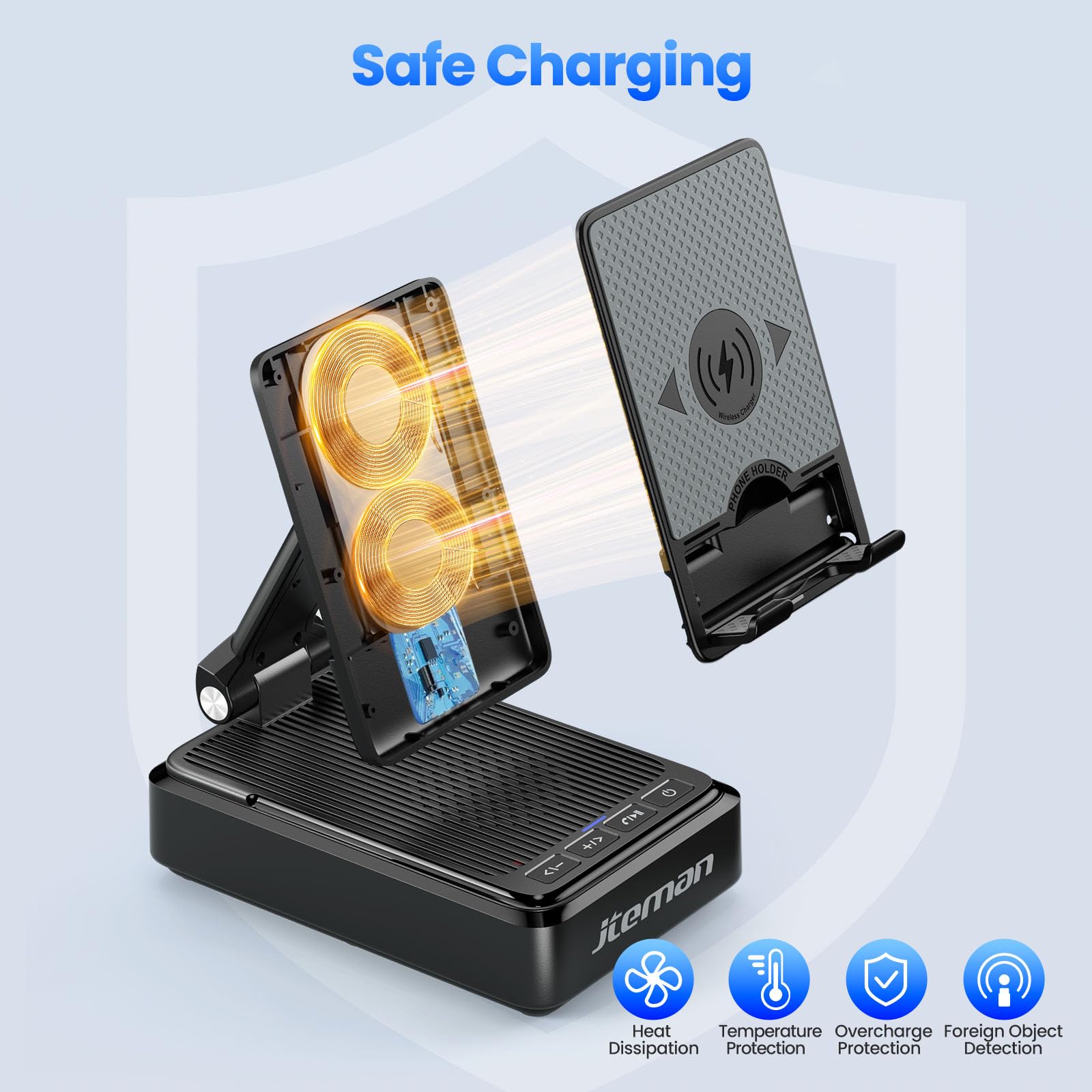 Jteman Cell Phone Stand with Bluetooth Speaker and Wireless Charger,Desktop Charging Station Stand Speaker for iPhone,Christmas Birthday Gift for Men Women (Black)