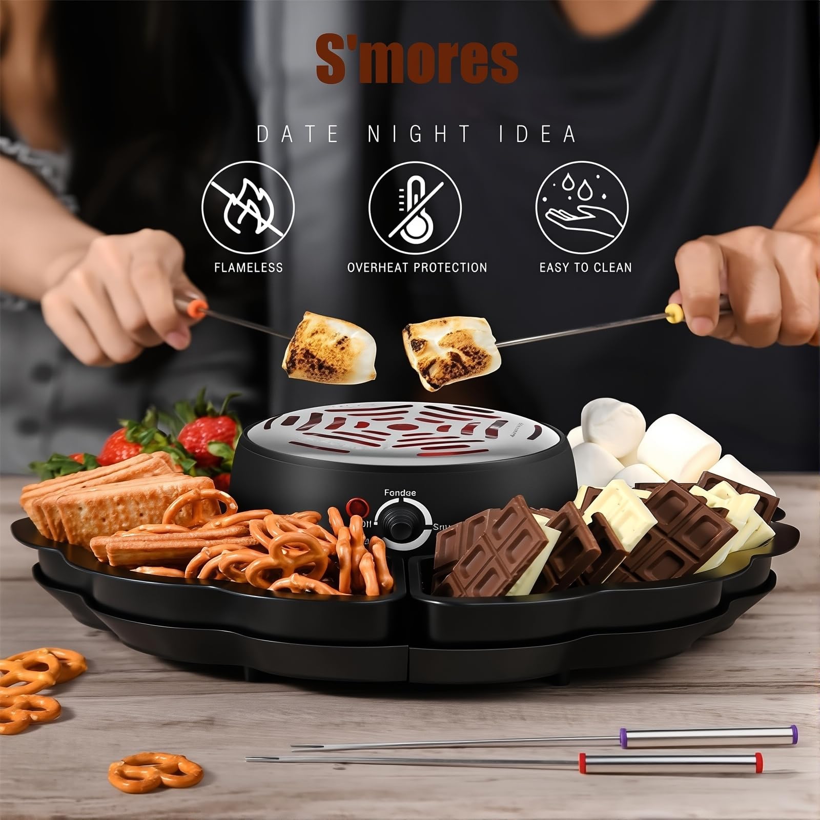 Kit de tostado de malvavisco con fondue de chocolate, cuenco de 340 ml, temperatura ajustable, protección contra sobrecalentamiento, incluye accesorios, fácil de limpiar