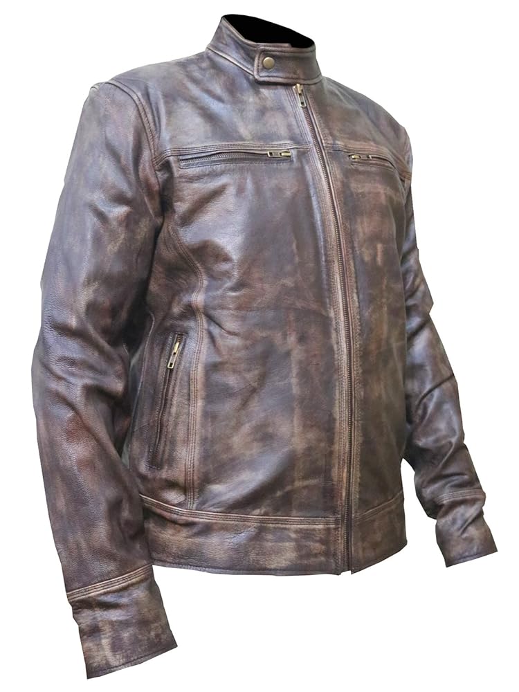 Men,s Vintage Retro 6 Cafe Racer Moto Brown Distress Leather
