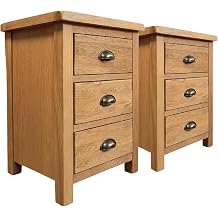 Oakcroft Pair of 3 Drawer Bedside Tables   Rustic Nightstands with Dark Metal Cup Handles   Fully Assembled Country Rustic Bedroom Cabinets