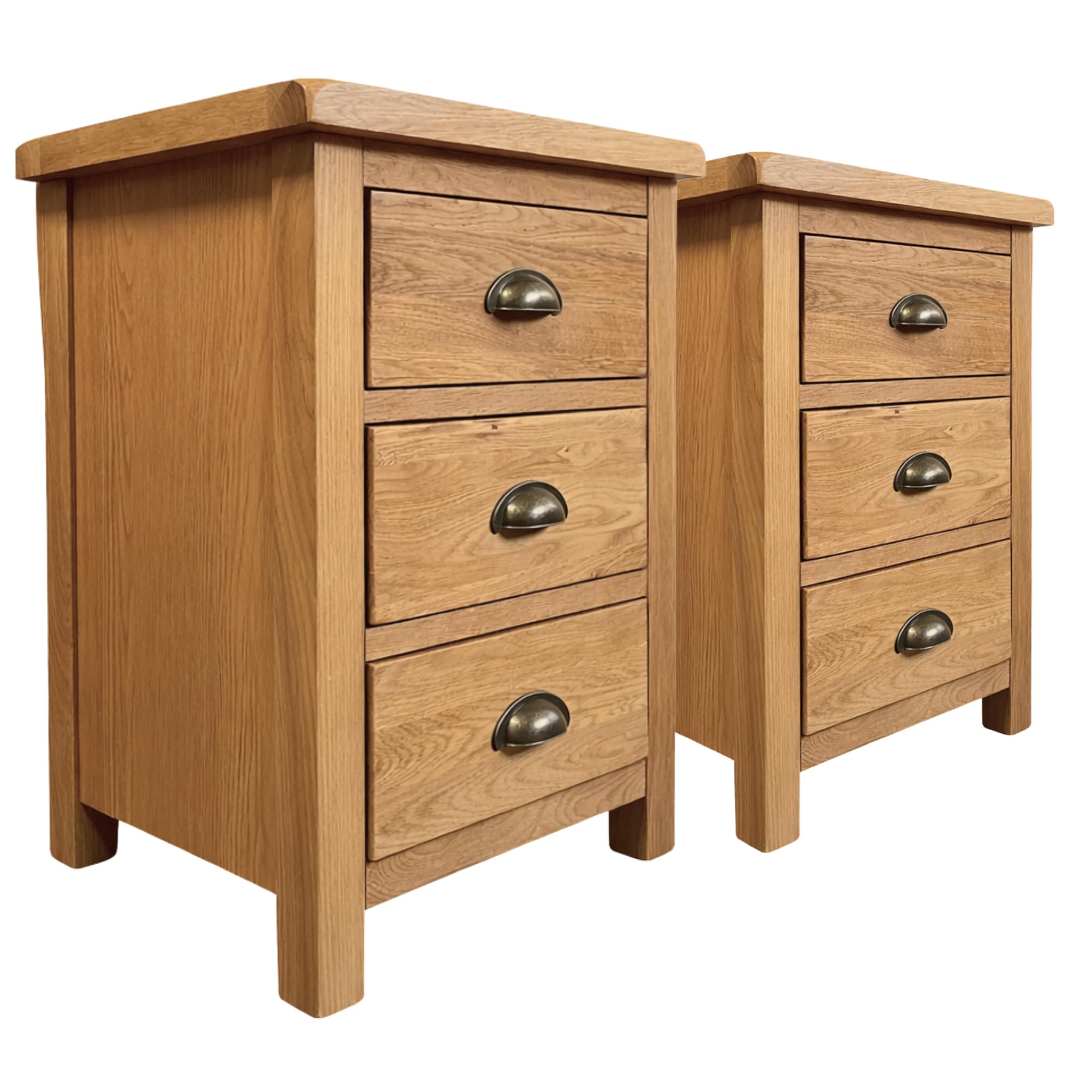 Home Furniture Group Ltd Oakcroft Pair of 3 Drawer Bedside Tables – Rustic Nightstands with Dark Metal Cup Handles – Fully Assembled Country Rustic Bedroom Cabinets