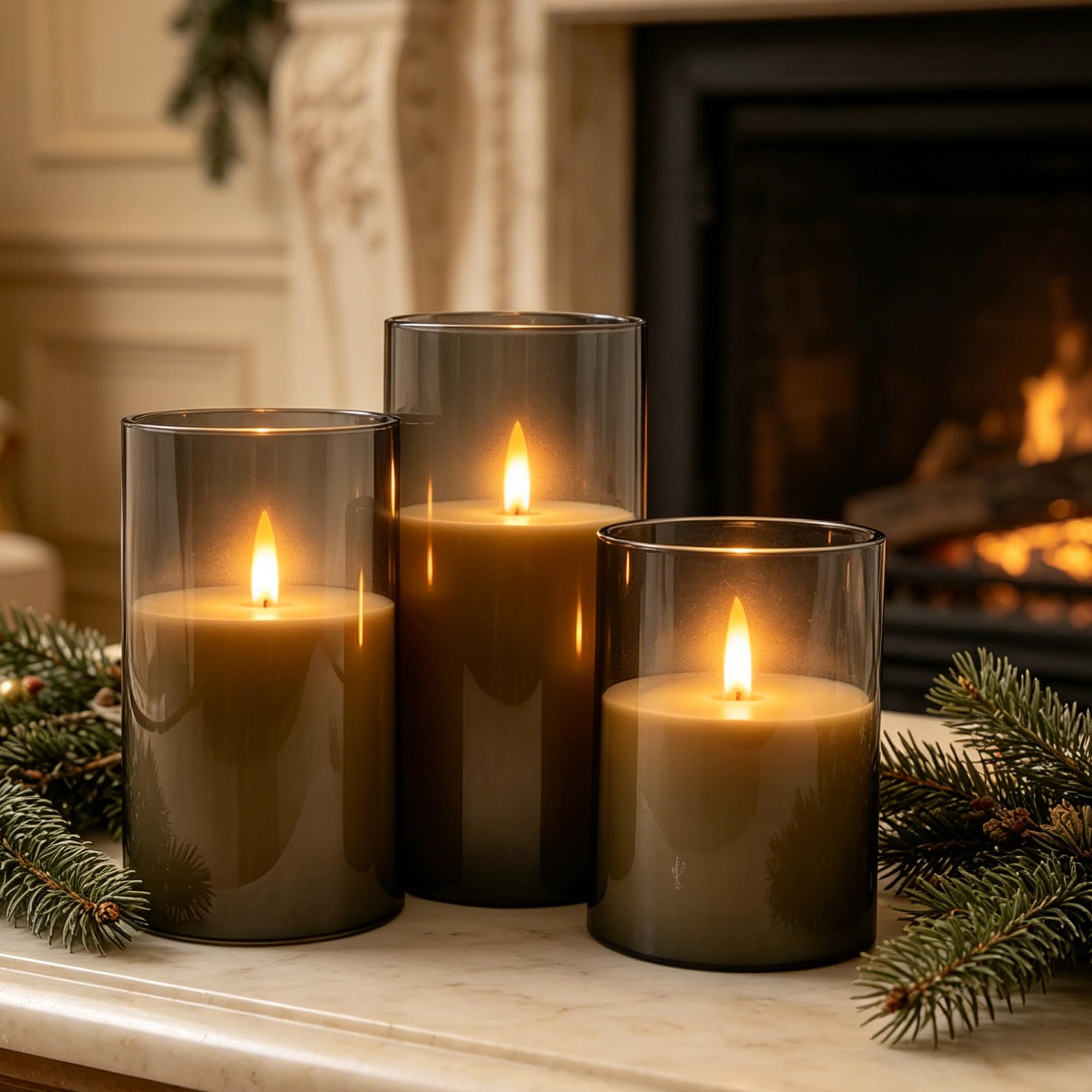Da by 3 Velas LED Recargables 1800mAh, Velas Sin Llama Parpadeantes con Mando a Distancia, Cubierta Transparente Gris Oscuro para Decoración de Bodas y Navidad