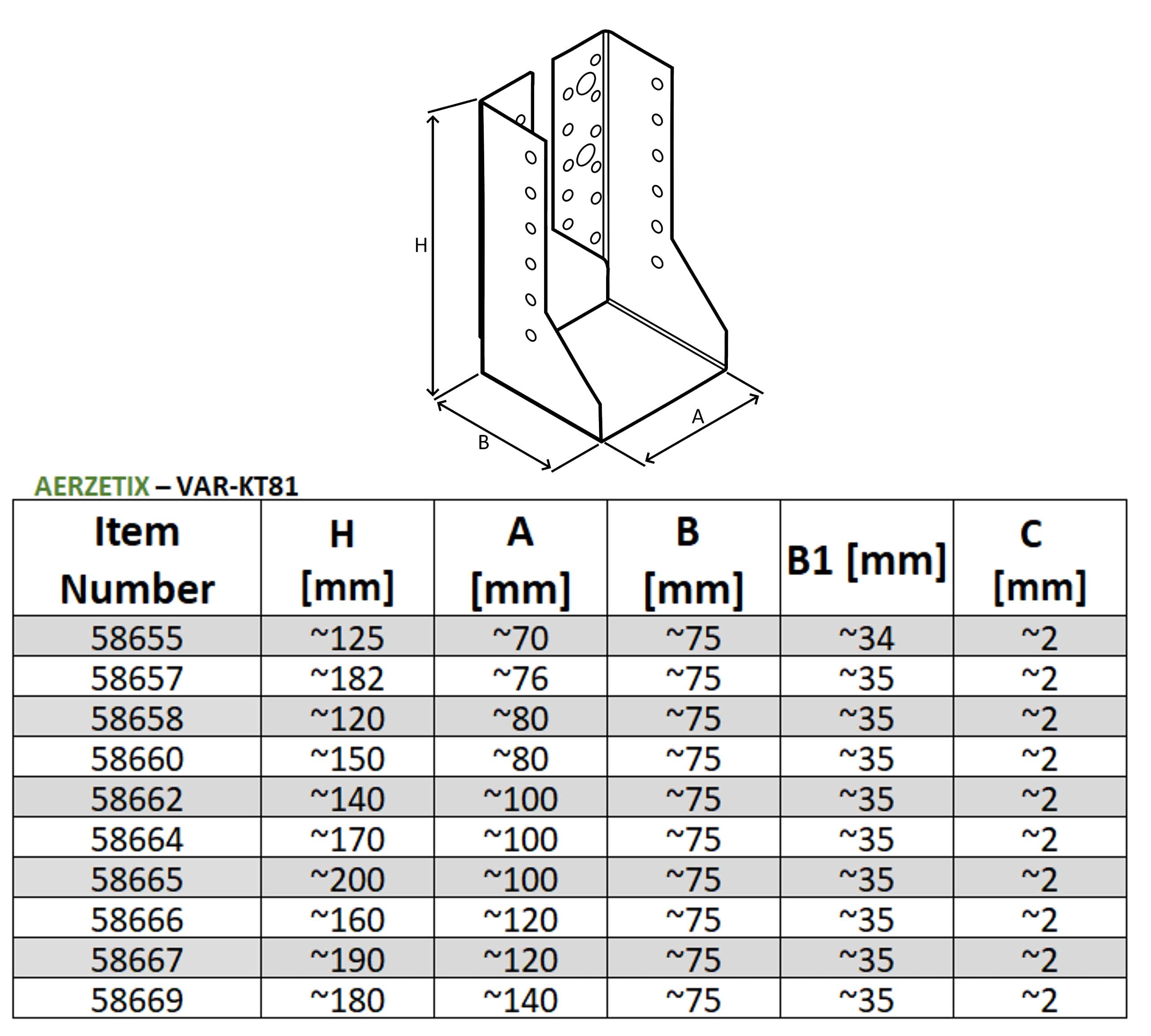 AERZETIX - C58655 - Lot de 2 Sabots de charpente à ailes intérieures 70x125x75x2 mm - sabot de solive à 32 trous - en acier zingué Z275