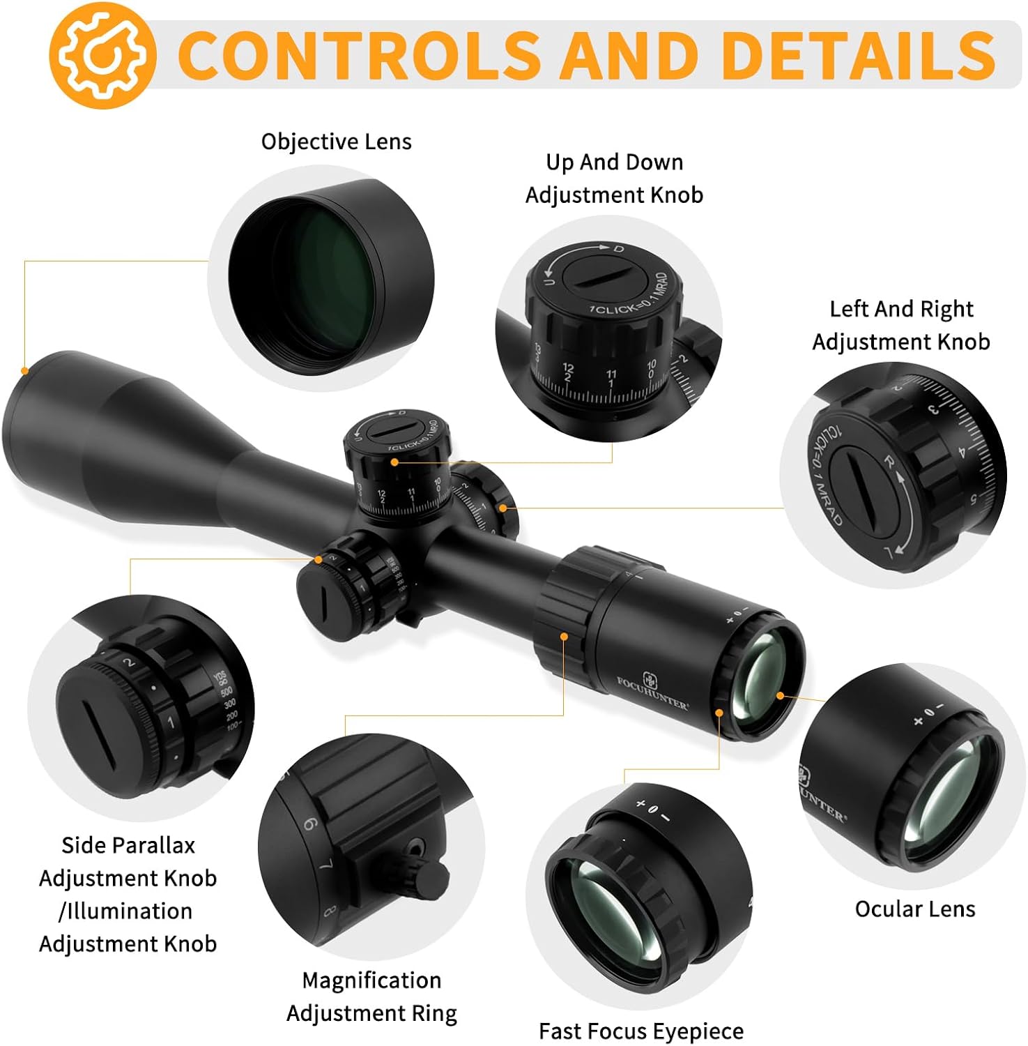 FOCUHUNTER 4-16x44 Sight, 6-Level Red Illuminated Optical Scope with Windage & Elevation Adjustable, Mil-dot Reticle Scope with 30mm Mounts & Sunshade, IP67 Waterproof Shockproof Green FMC Lens Scope