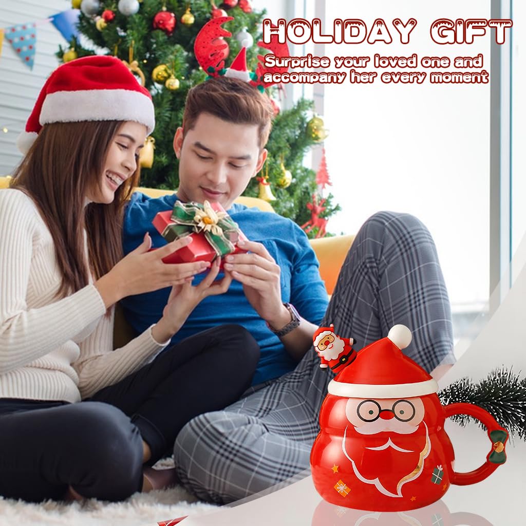 Tazza Natalizia In Ceramica 420 Ml – Tema Natale Con Coperchio E Cucchiaio, Regalo Per Donne E Bambini, Rosso