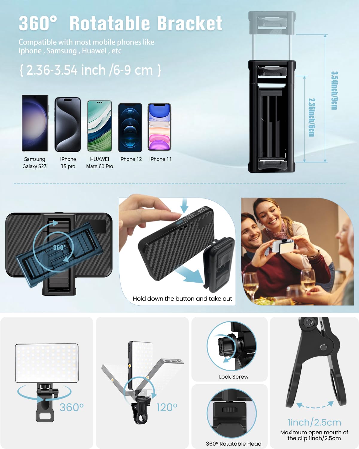 Lampe LED Selfie 60 Perles LED Haute Qualité, Batterie Rechargeable 2200mAh, CRI 97+, 7 * D'Éclairage, Portable Pour Téléphone/Tablette/Ordinateur Portable