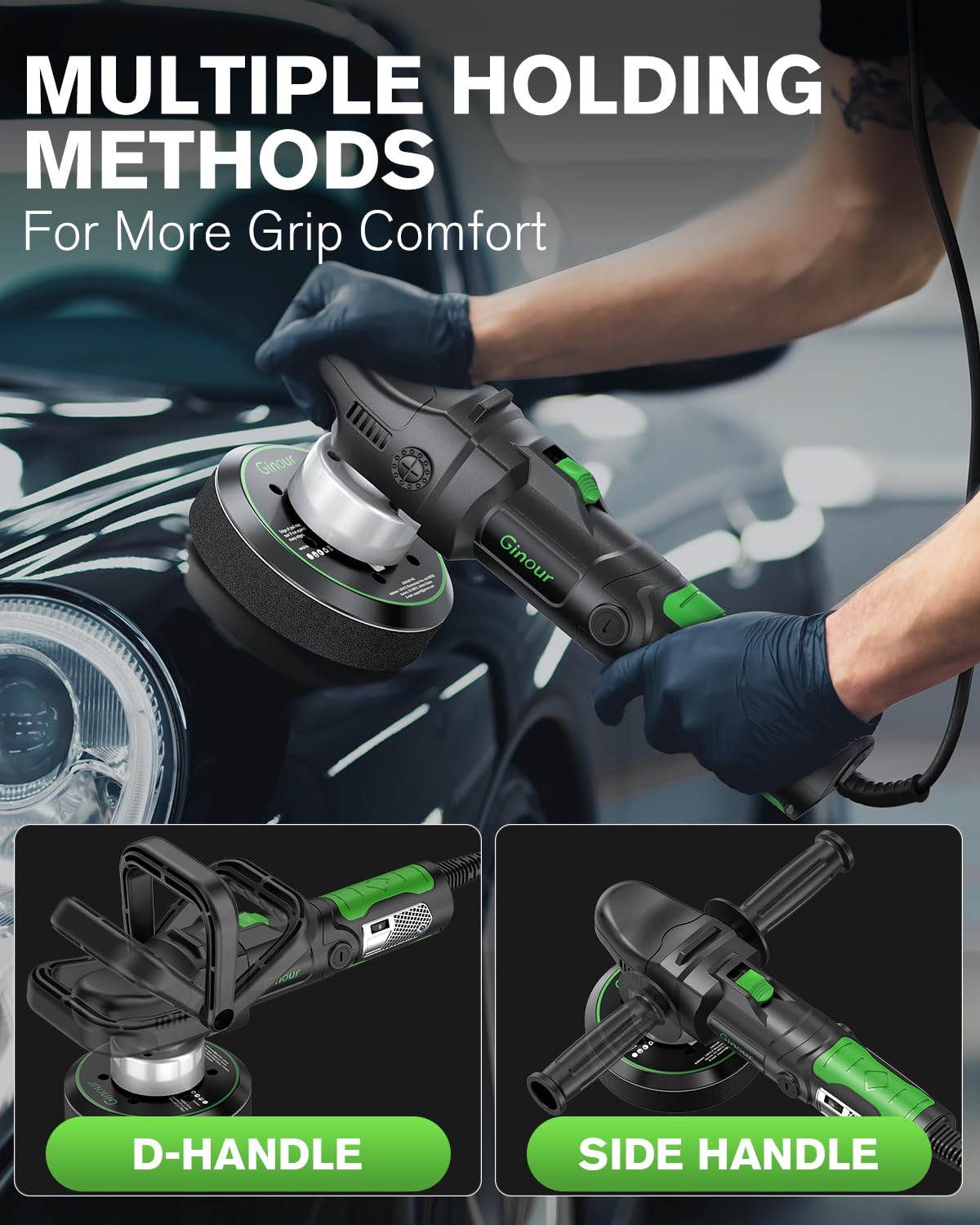 Ginour Pulidora Coche, Pulidora Orbital 1050W, Máquina de Pulir 6400 RPM, 6 Velocidades Variables, Máquina Pulidora con Mango D Desmontable/Mango Lateral, para Pulir y Encerar Automóviles