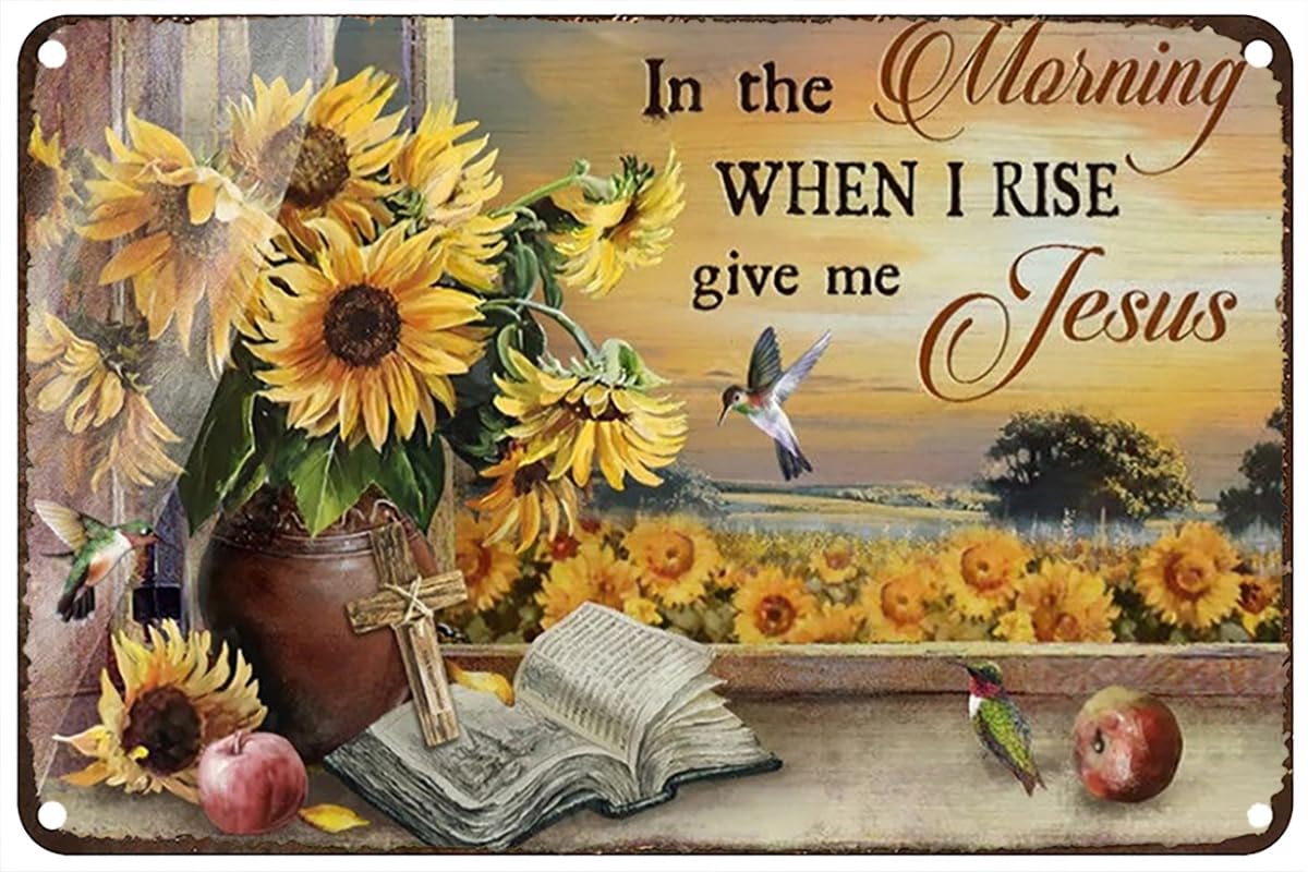 Pretty Sunflower Field, Sunset Painting, Hummingbird Vintage Metal tin Sign Art Plaque Wall Decor Look Funny Gifts for Home Kitchen Garage Bathroom Farm Garden Bar Cafe Metal Posters 8x12 Inch