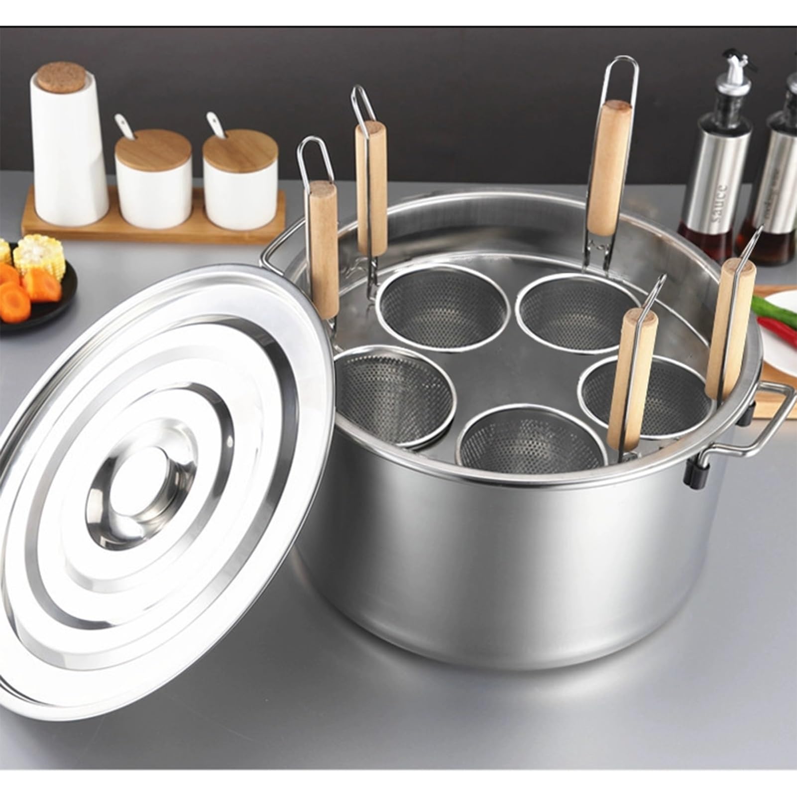 Olla Grande de Acero Inoxidable con Tapa y colador, Juego de ollas de inducción para Pasta de 3/4/5 Agujeros, Ideal para sopas, guisos y Salsas (Color: 5 Agujeros, tamaño: A)